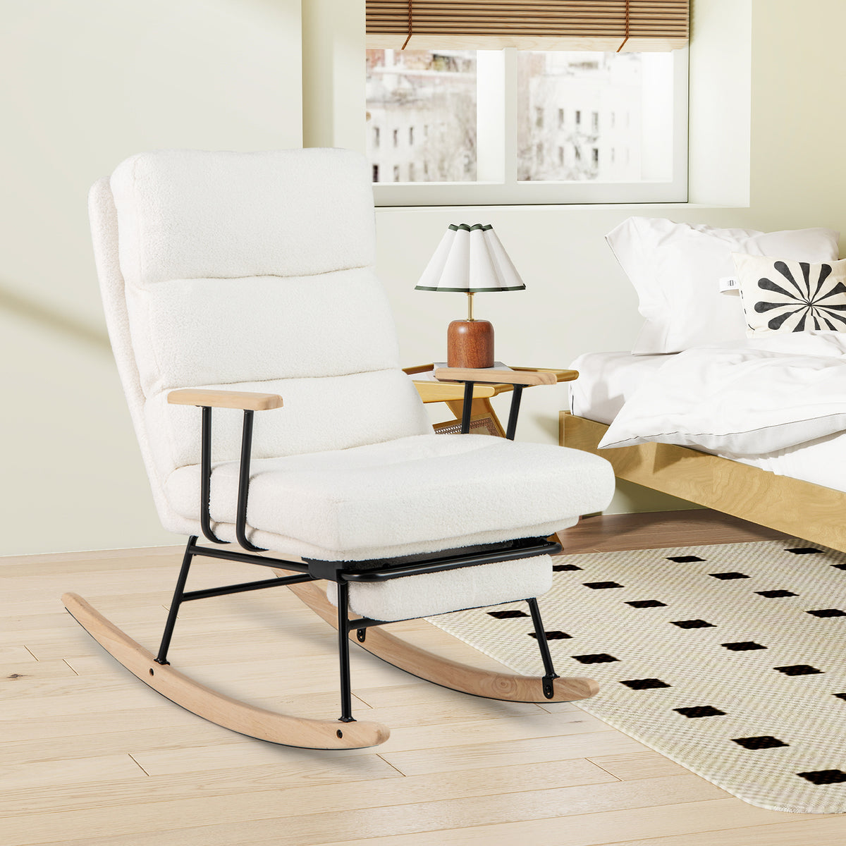 Nursery Rocking Chair Teddy Velvet Upholstered Rocking Chair-White-Recliners-DECOROLALA