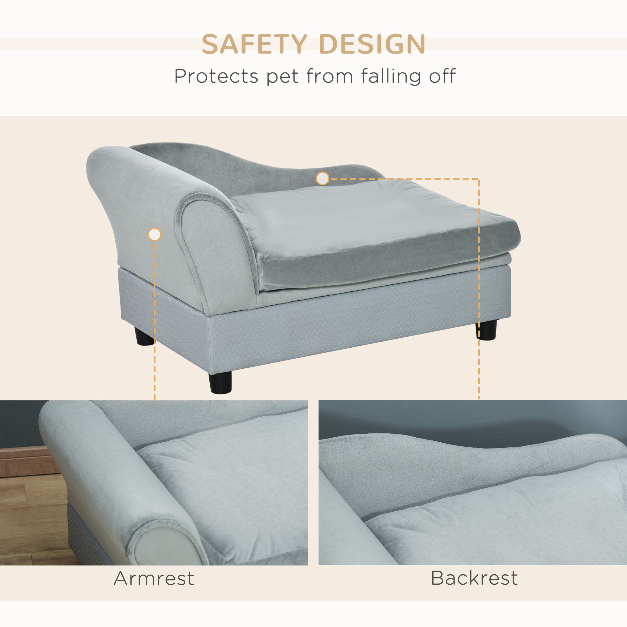 Canapé pour animaux, sofa pour chien, chaise longue et couchage pour animaux avec espace de rangement, petit format, pour chiens de différentes tailles et chats, coussin en éponge, gris clair
