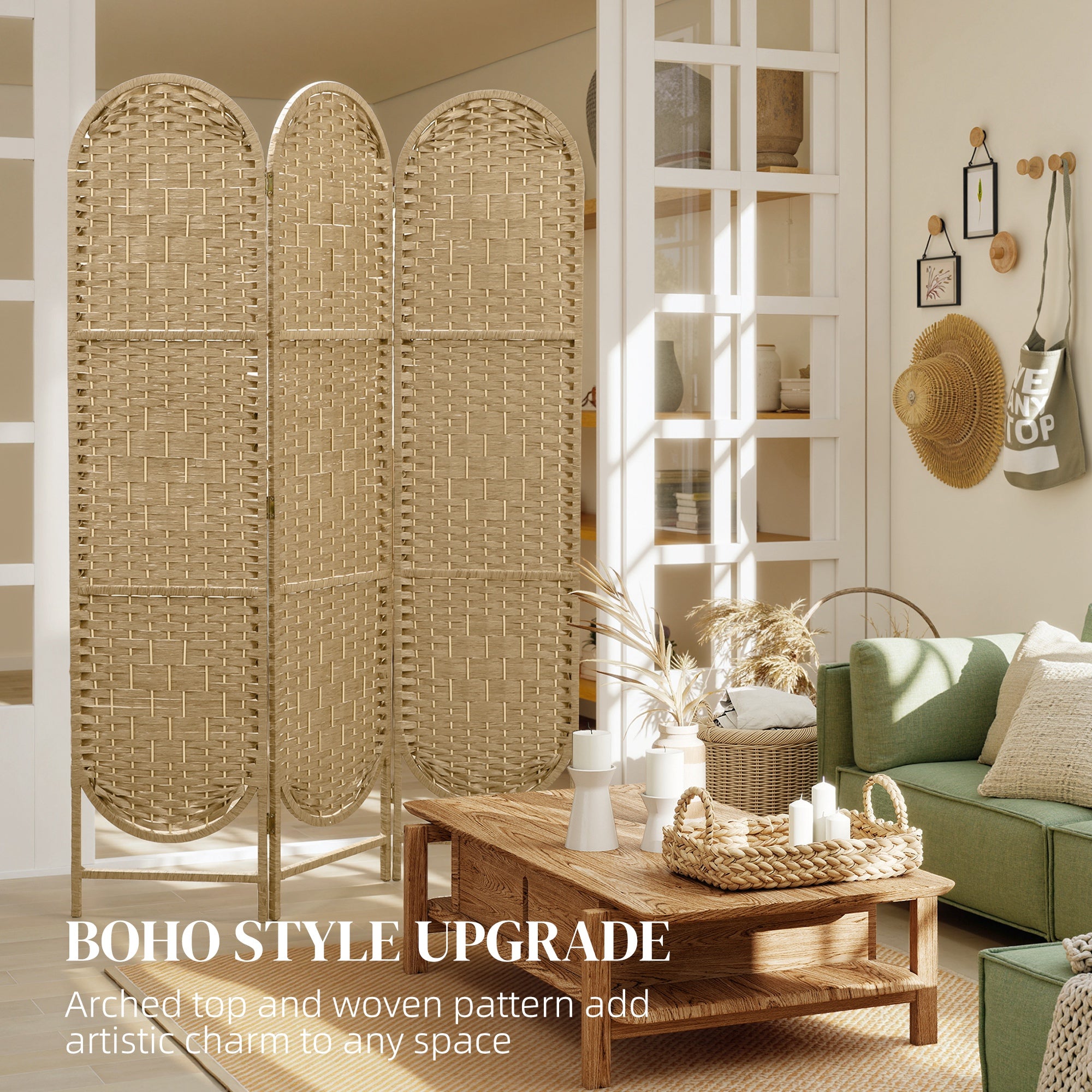 Paravent bohème, séparateur de pièce pliable à 3 panneaux avec partie supérieure arquée pour chambre, salon ou bureau, en bois naturel