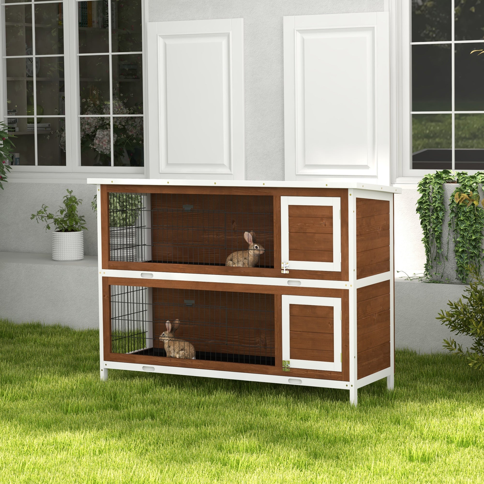 2 Tier Wooden Rabbit Hutch Bunny Pet House Wooden Coop Run, Brown