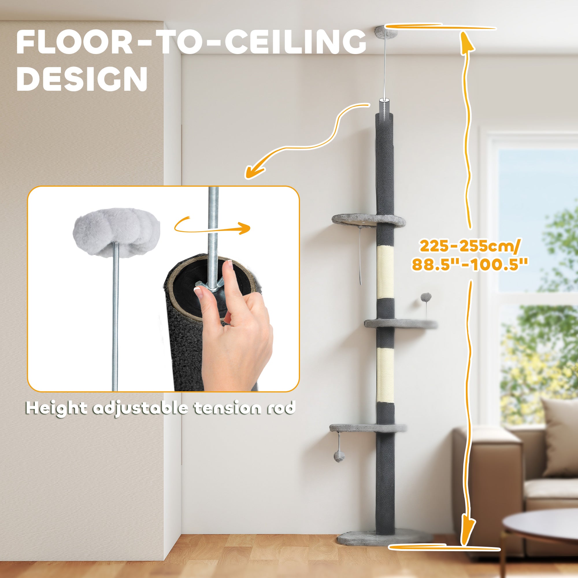 88.5"-100.5" Floor to Ceiling Cat Tree, Cat Tower with Scratching Posts, Cloud Shaped Platforms, Dangling Balls, Grey