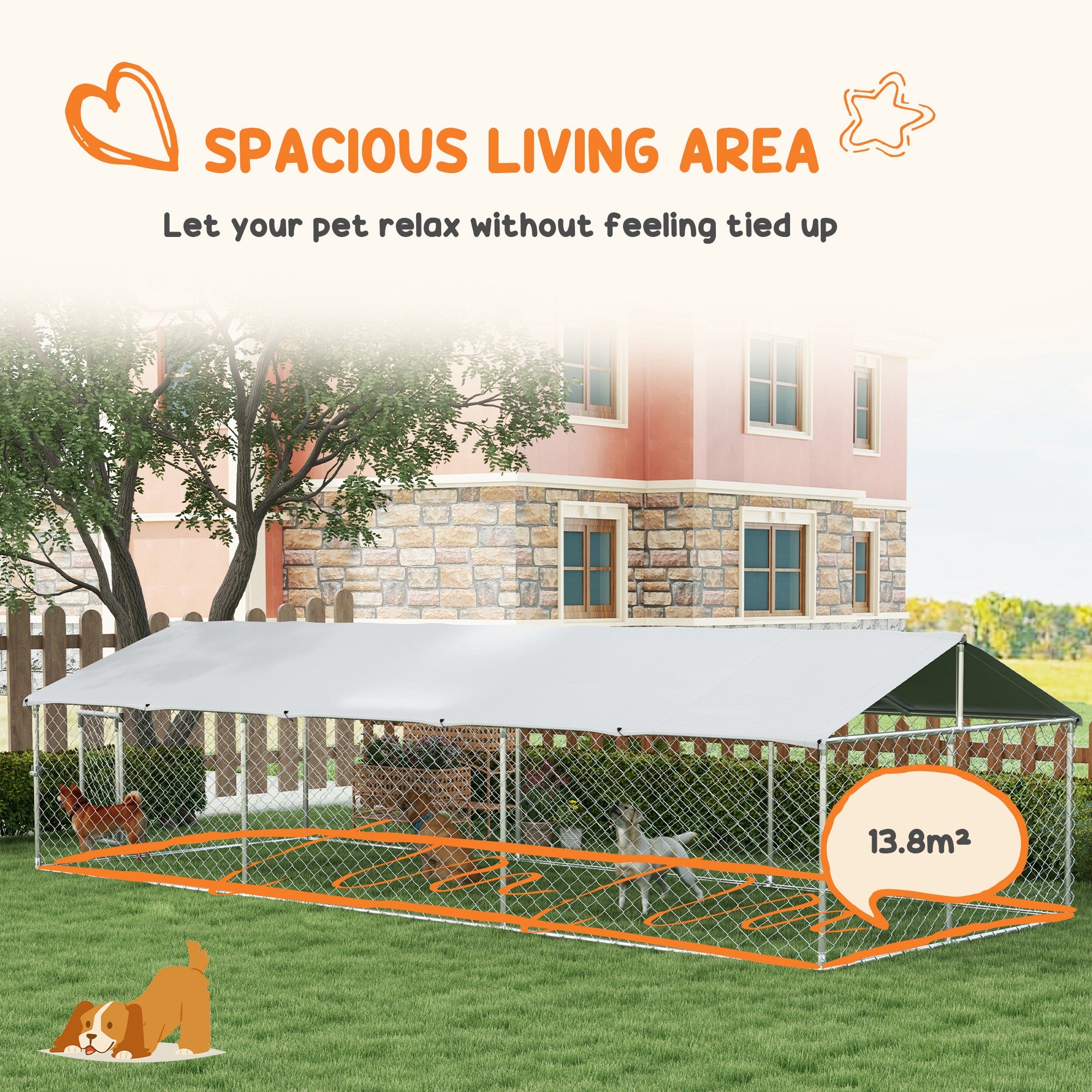 Parc extérieur pour chiens de 19.7' x 7.5' x 4.9', résistant aux intempéries, avec espace de jeu, pour chiens moyens et doux, avec couverture résistante aux UV et imperméable, argenté