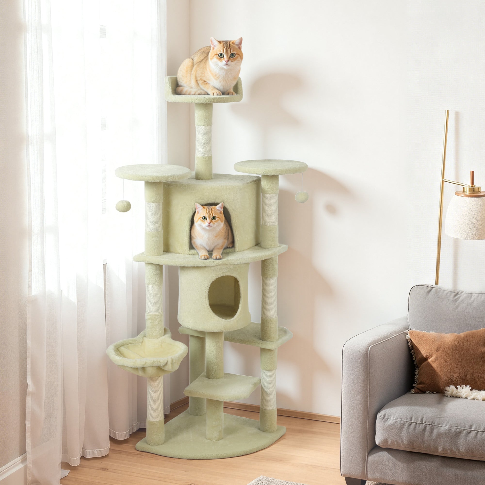 62" Cat Tree with Scratching Post, 2 Condos, Hammock, Perches, Plush, Pompoms, for Indoor Cats, Beige