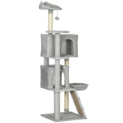 63 Inch Cat Tree with Sisal Scratching Posts, Condos, Plush Perches, Hammock, Ladder, Dangling Balls, Light Grey