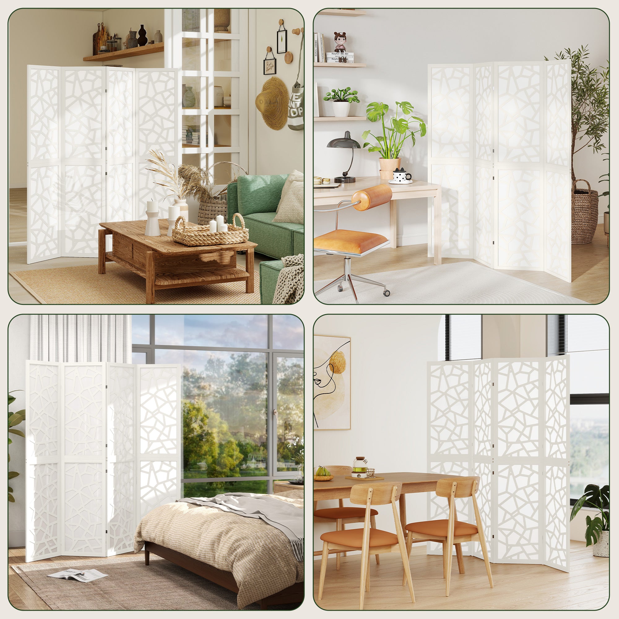 4 Panel Room Divider, 5.6 FT Lightweight Folding Privacy Screen with Geometric Pattern for Living Room, Bedroom, White