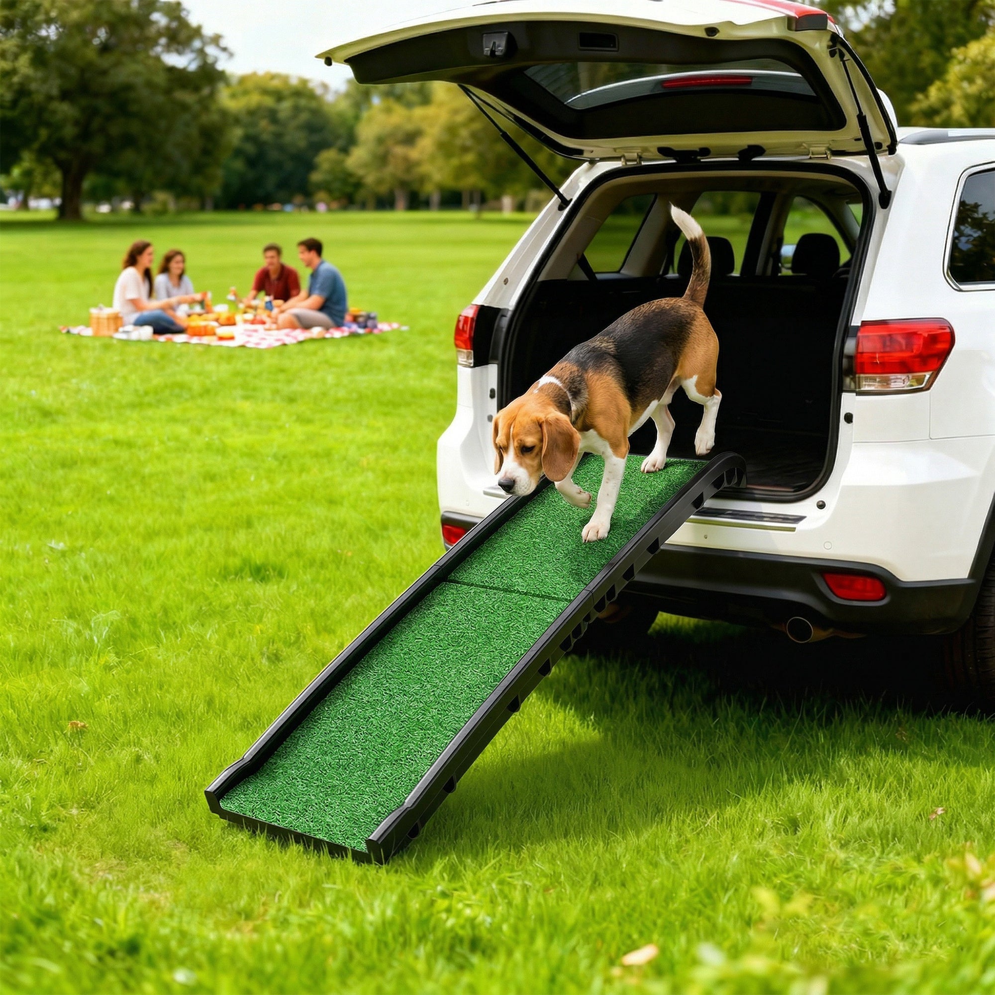 61 Inches Folding Pet Ramp with Grass Surface, Raised Side Rails, for Cars, SUVs