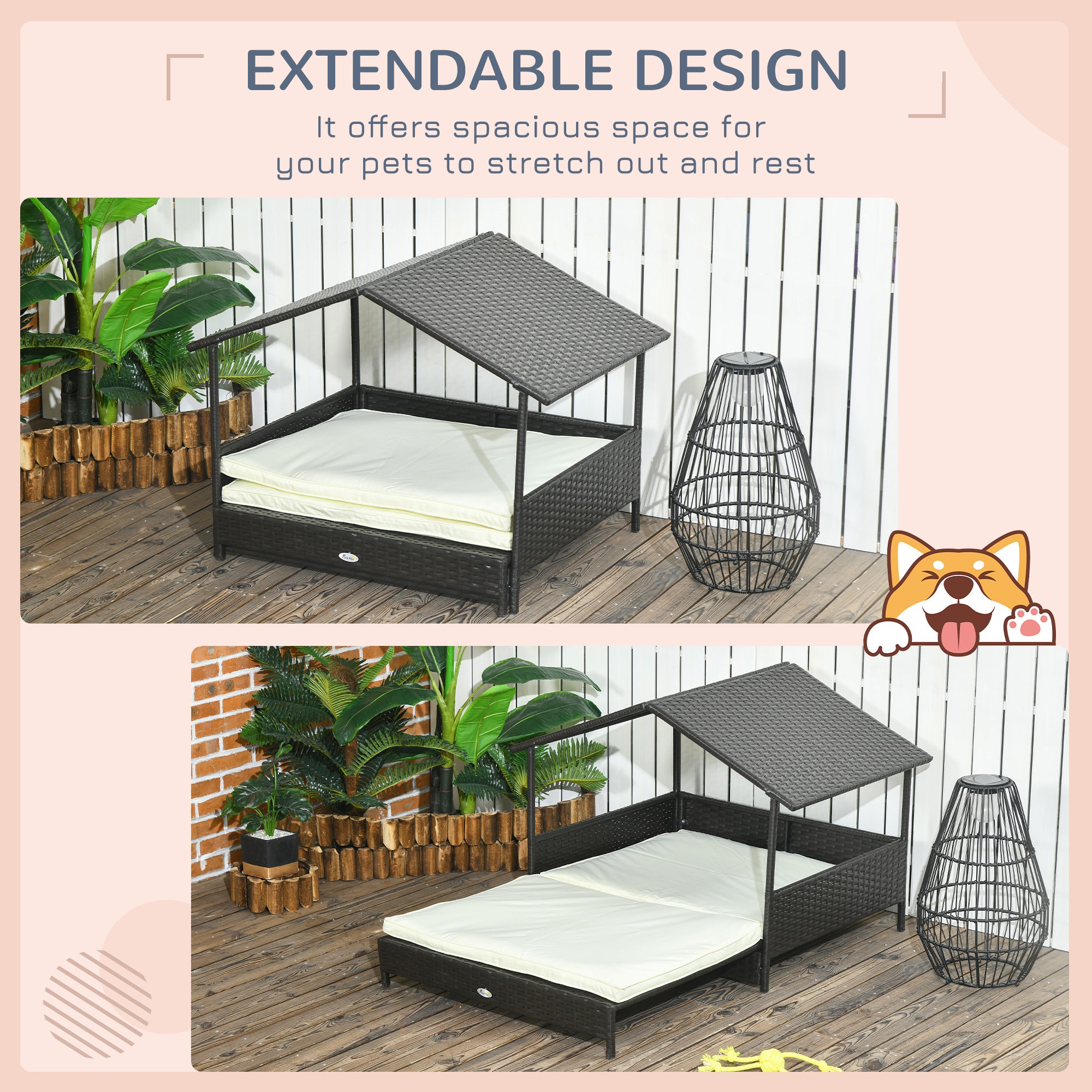 Niche pour chien en rotin avec auvent, panier pour chien en osier avec coussin résistant à l’eau, pour petites et moyennes races, blanc crème