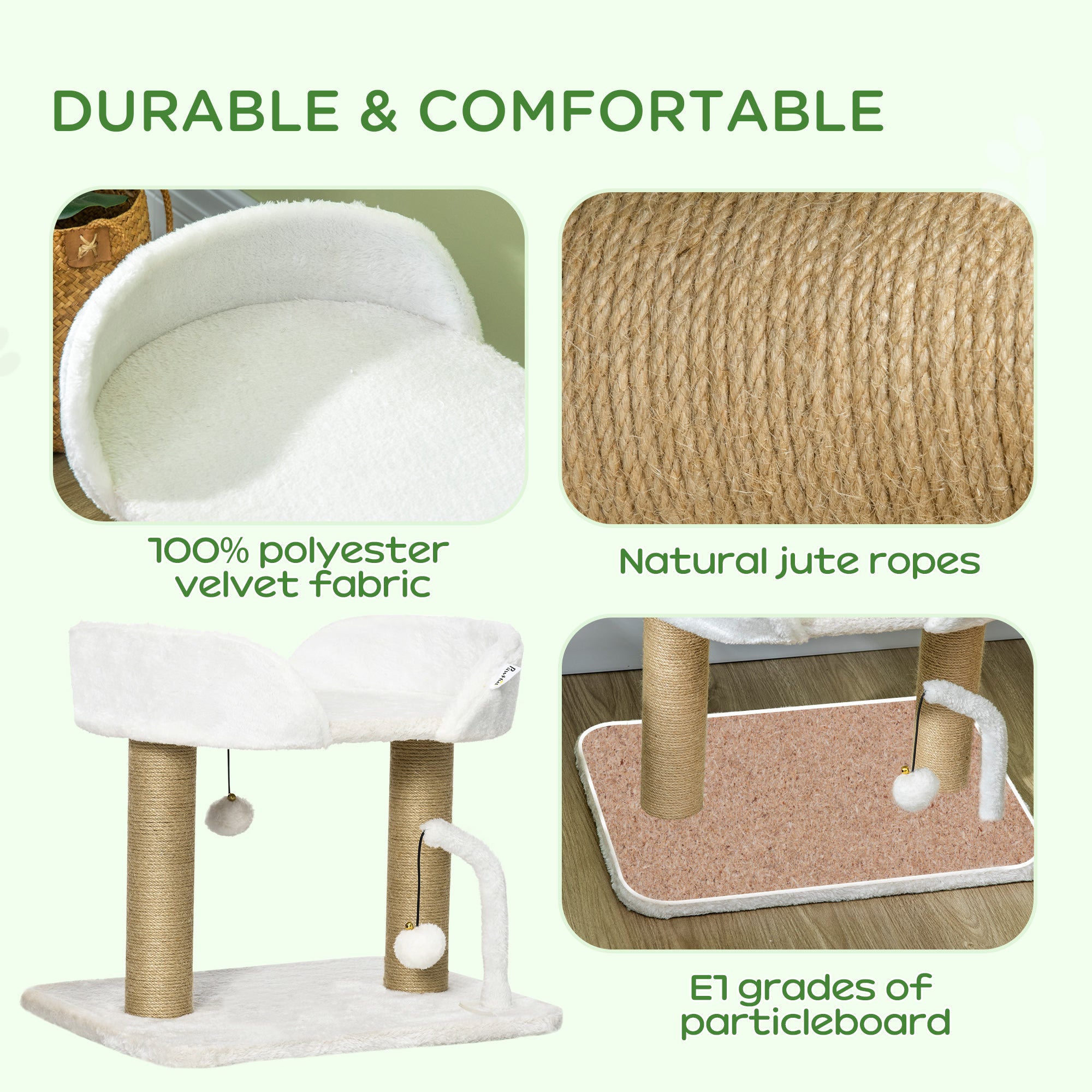 Condo pour chats d’intérieur, petit arbre à chat avec poteaux à griffer en jute, plateforme supérieure, balles suspendues, blanc