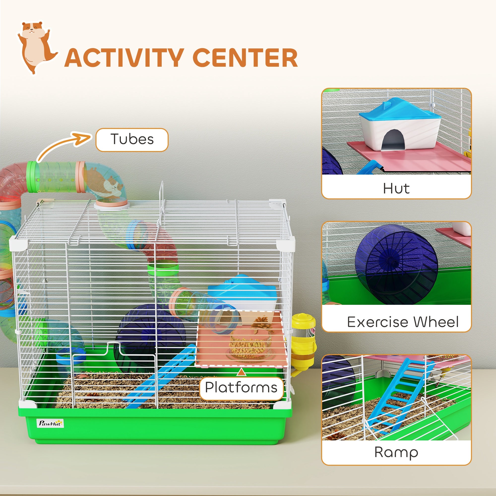 18"L Hamster Cage, Small Animal House, 2-Level Rat Gerbil Haven with Tunnel Tube System, Green