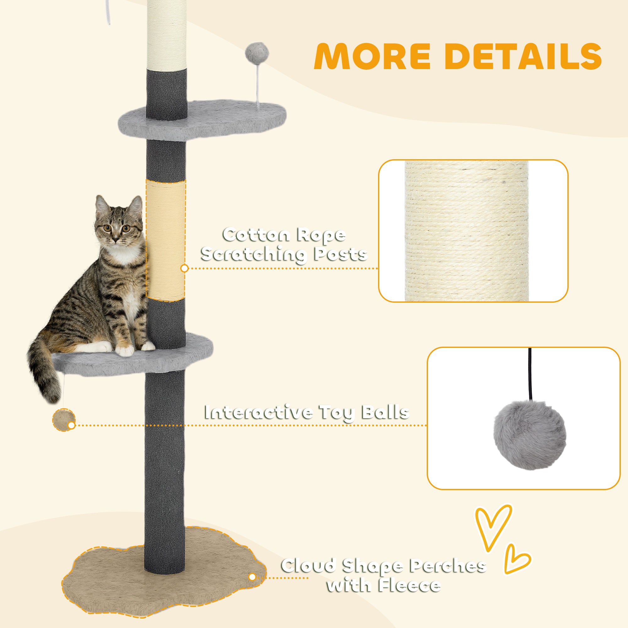 88.5"-100.5" Floor to Ceiling Cat Tree, Cat Tower with Scratching Posts, Cloud Shaped Platforms, Dangling Balls, Grey