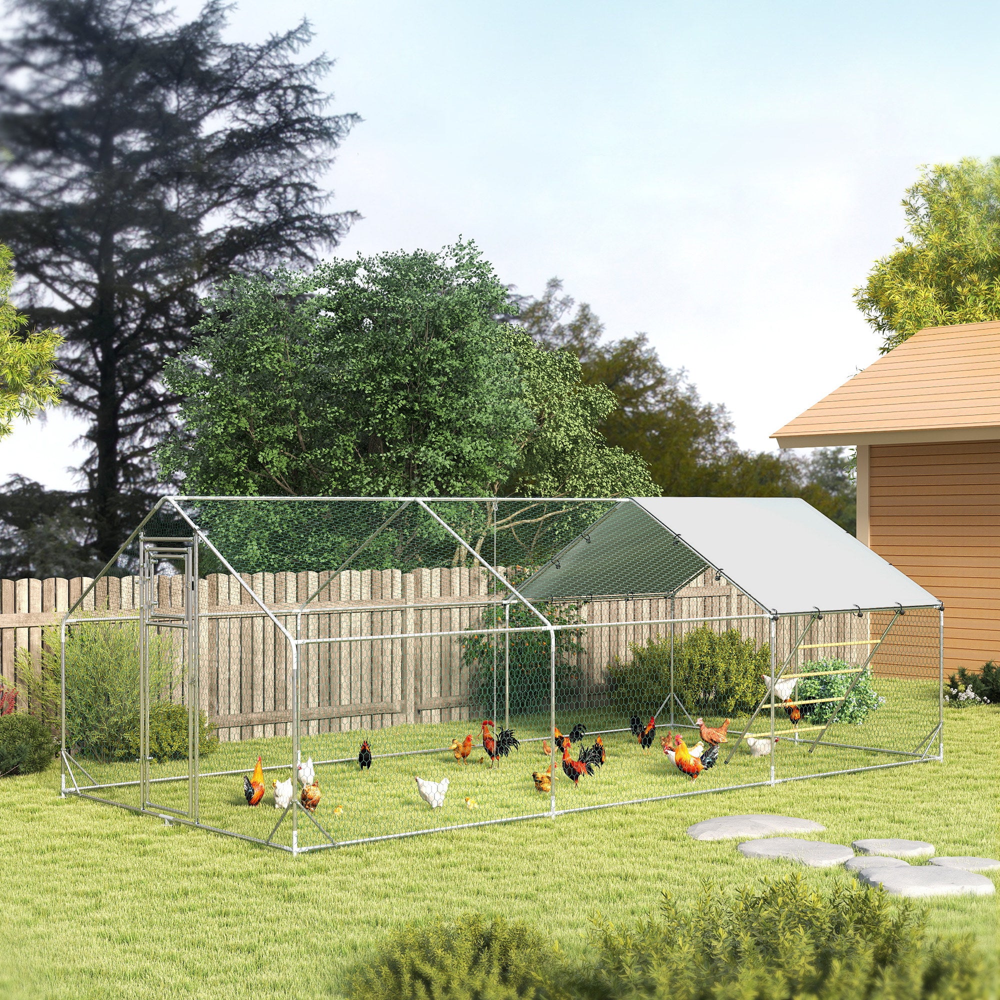 Large Metal Chicken Run with Waterproof & UV-Resistant Cover, Feeding Door, Hanging Feeder, Perch for 18-24 Chickens