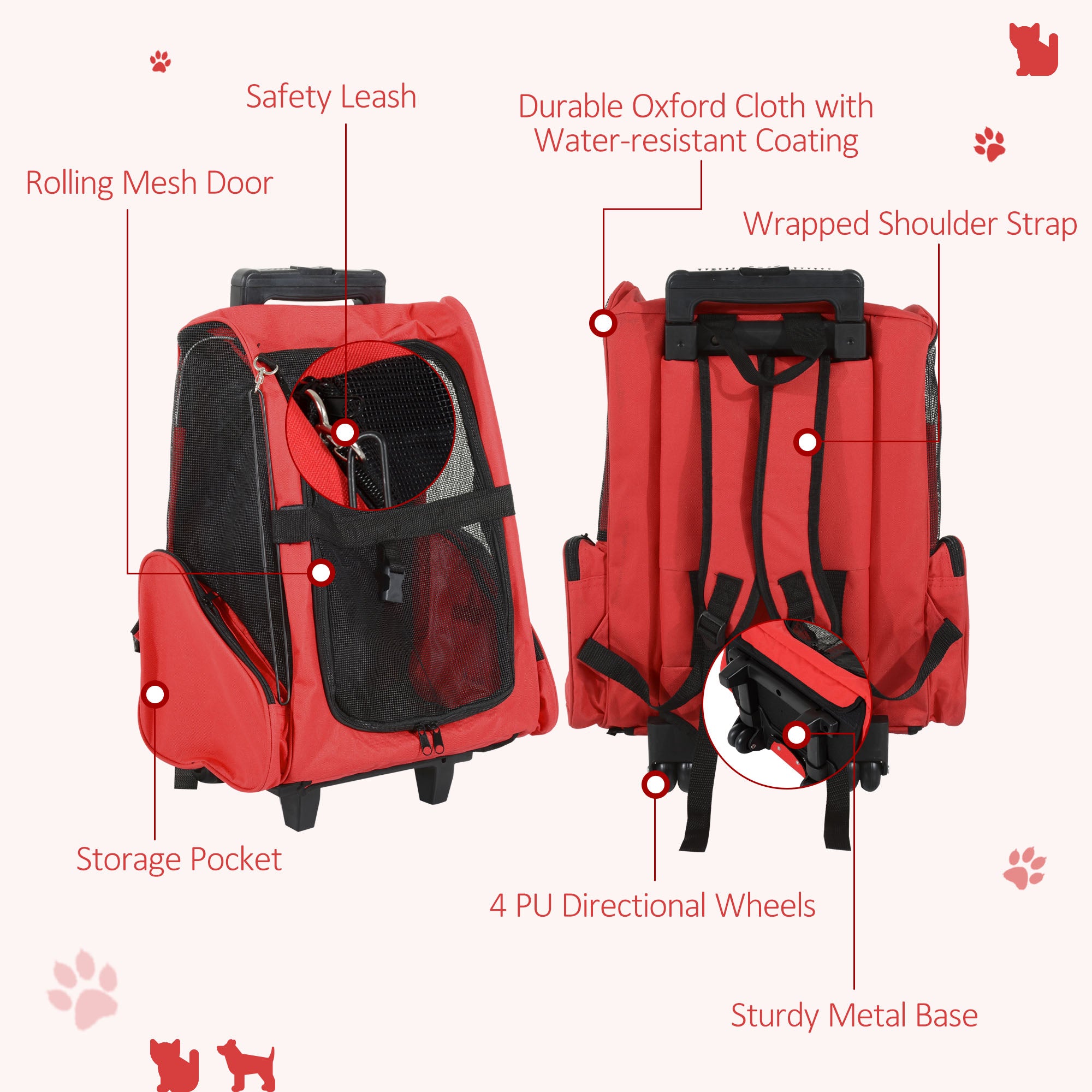 2-IN-1 Pet Luggage Box Backpack Carrier Cats Dogs w/ Handle, Rolling Wheel Red
