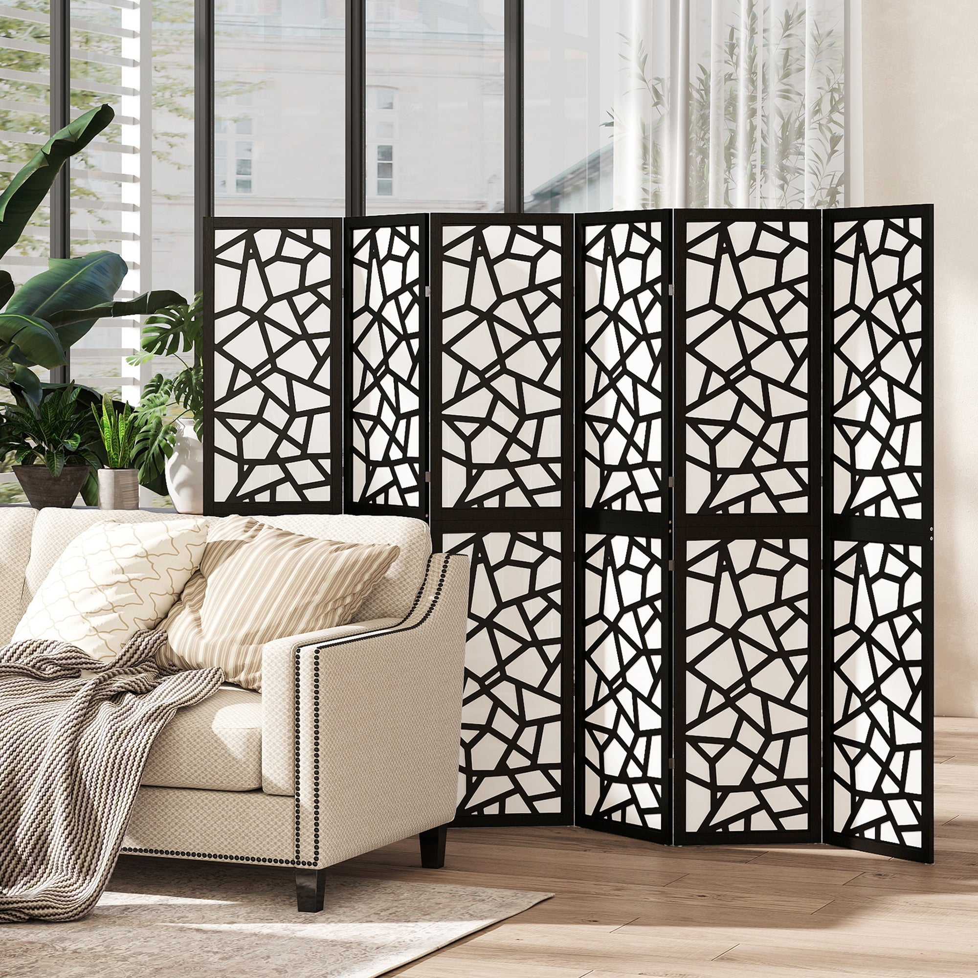 6 Panel Room Divider, 5.6 FT Lightweight Folding Privacy Screen with Geometric Pattern for Living Room, Bedroom, Black