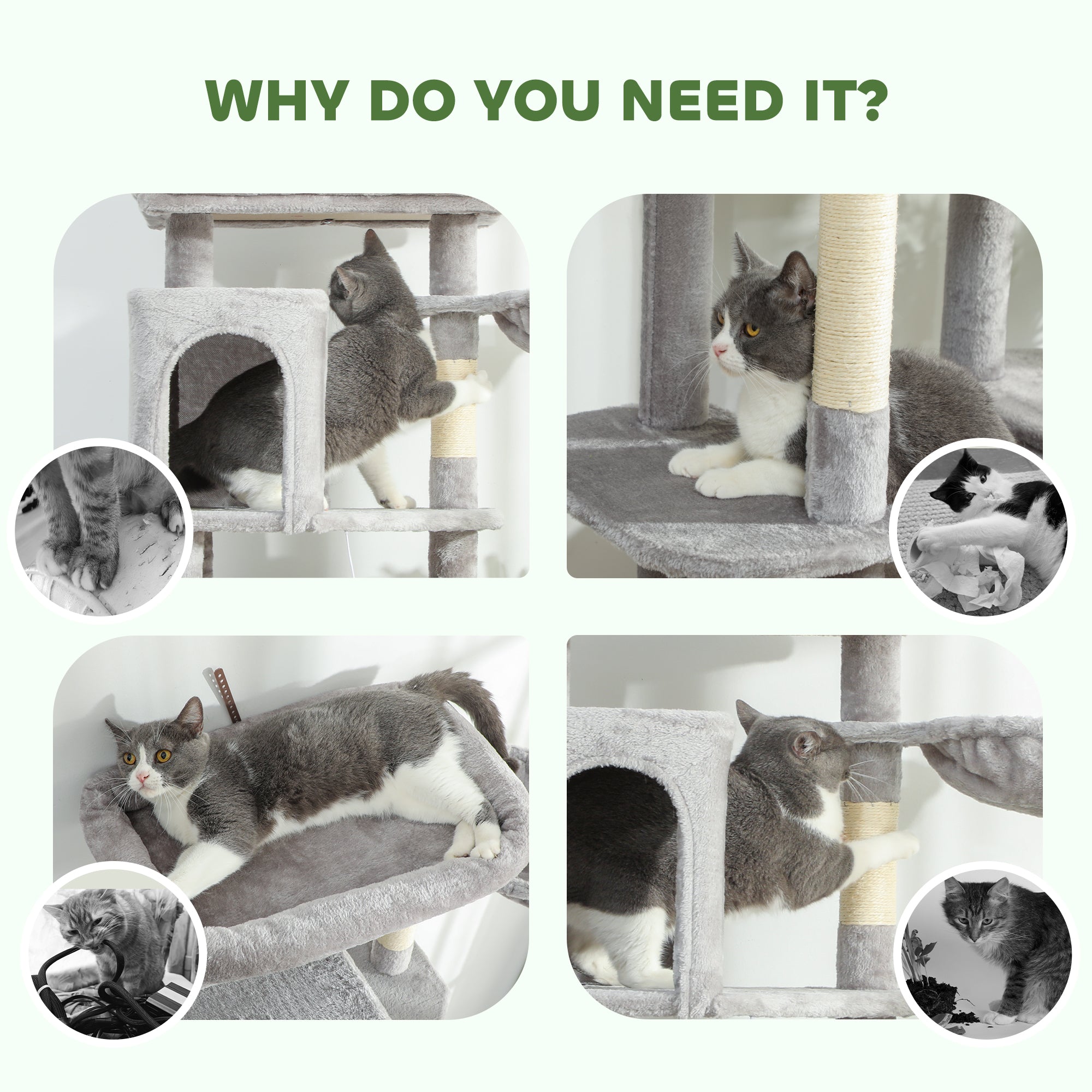 69" Cat Tree, Multi-Level Cat Tower with 2 Condos, Plush Perch and Sisal Scratching Posts, Light Grey