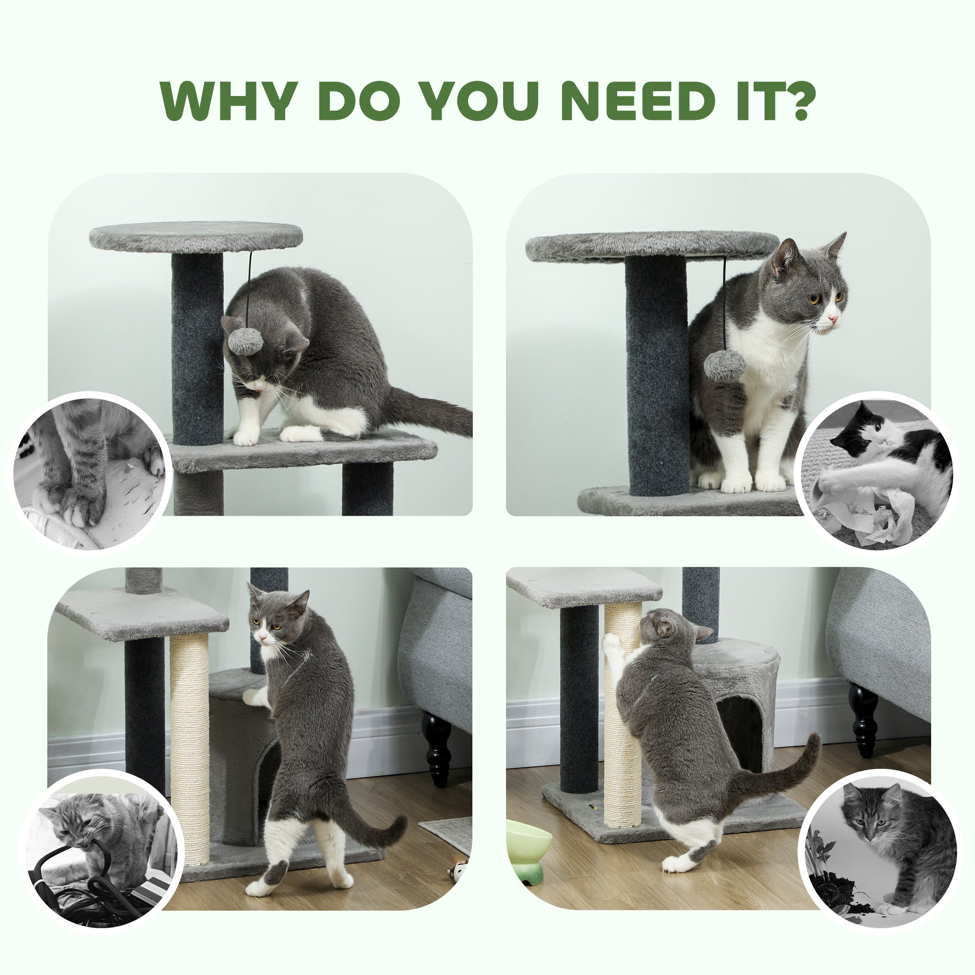 Cat Tree Cat Tower Multi-Level with Sisal Scratching Post for Kittens and Adults Grey Large 41"H