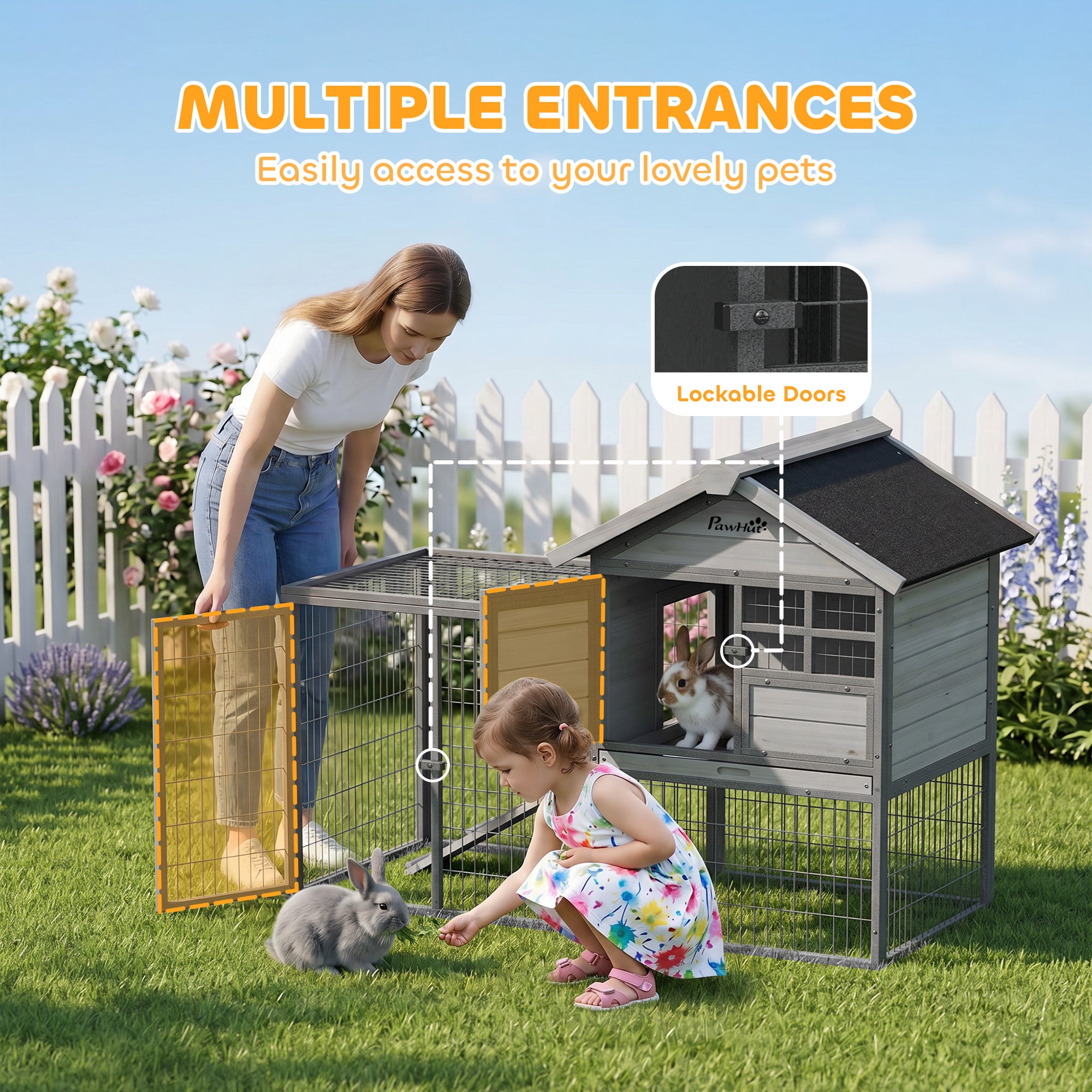 Rabbit Hutch Outdoor, 48"L Large Wooden Bunny Cage with Run, Grey