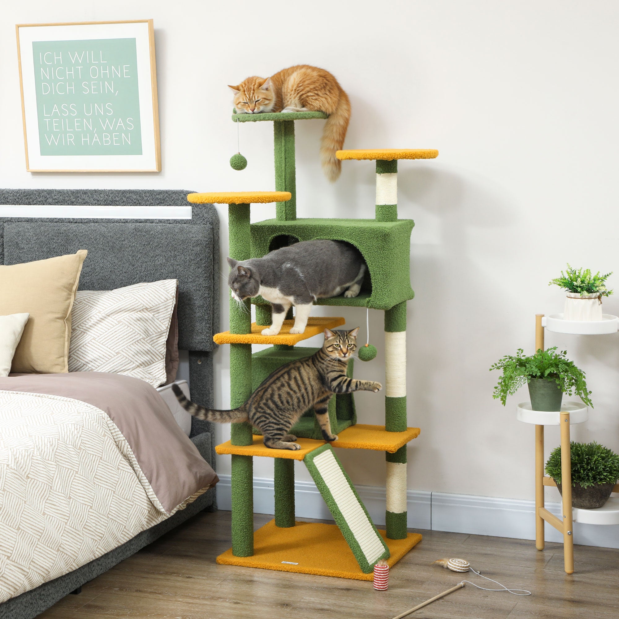 54" Cat Tree, Multi-Level Cat Tower with Scratching Posts, Cat Condos, Bed, Platforms, Ramp, Toy Ball, Green