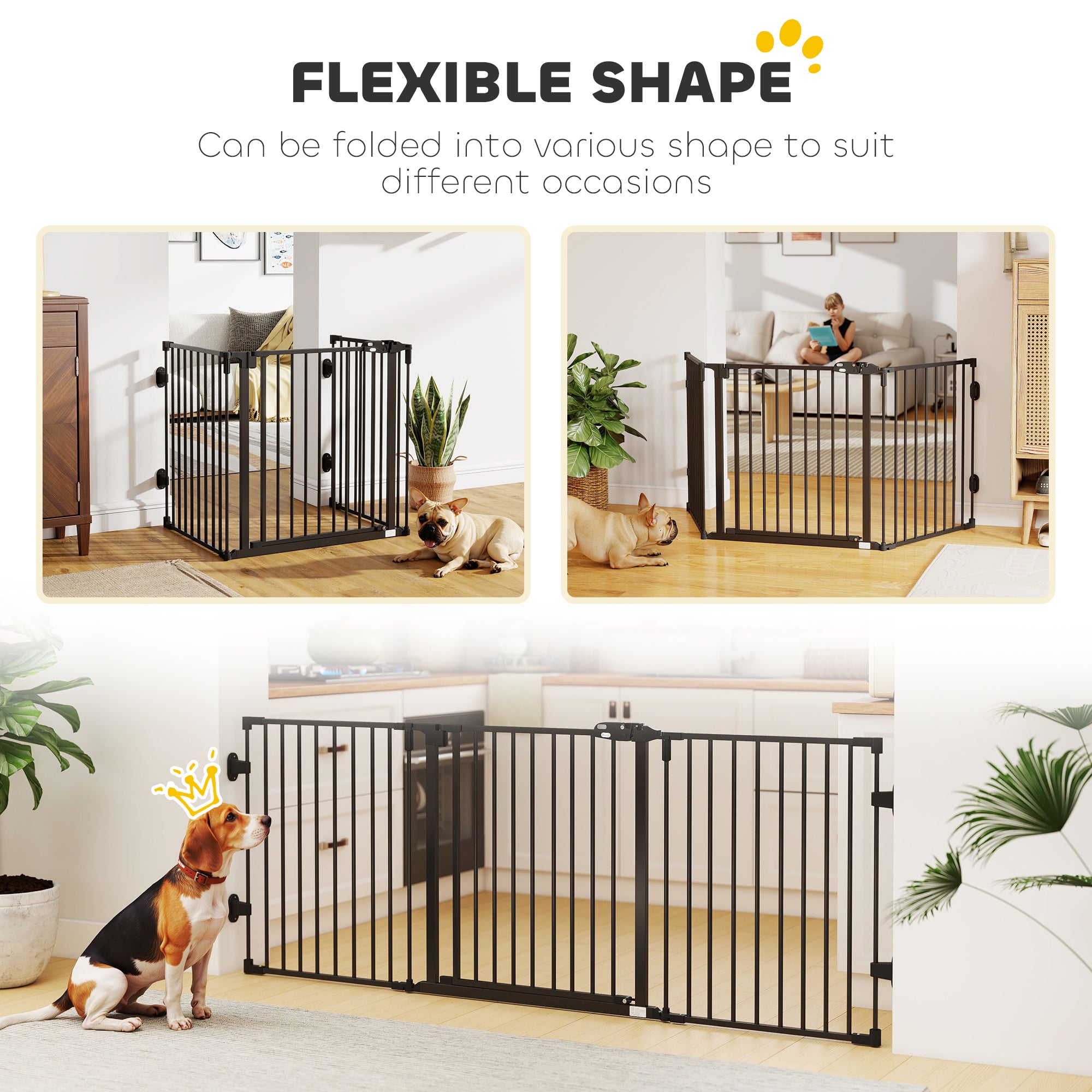 Barrière pliable pour chien avec portillon, barrière métallique pour animaux à 3 panneaux pour escaliers, passages de porte et cheminées, fermeture automatique, noire