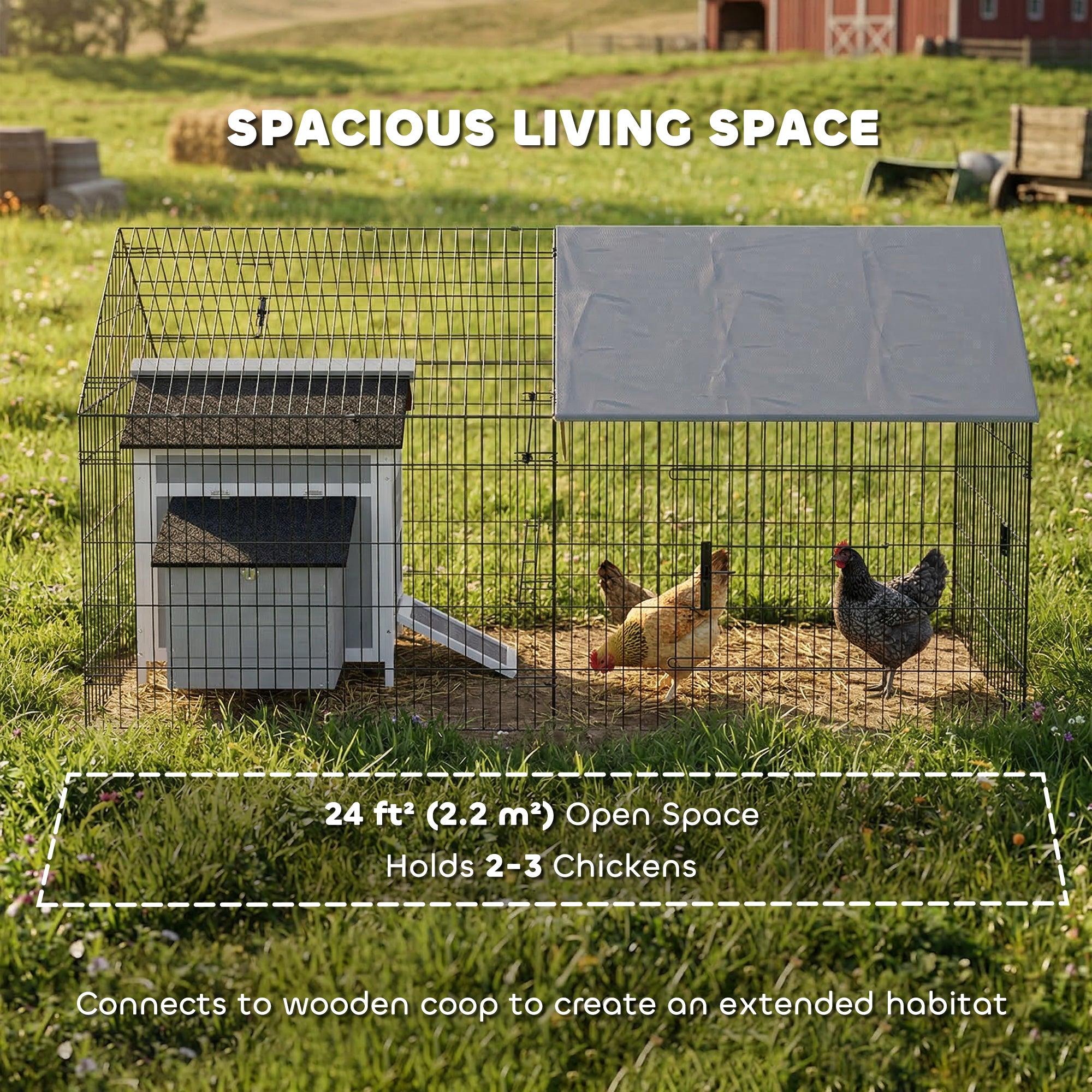 Metal Chicken Coop, Large Chicken Run with Water-Resistant & Anti-UV Cover for 2-3 Hens, Outdoor Hen House with 4 Doors