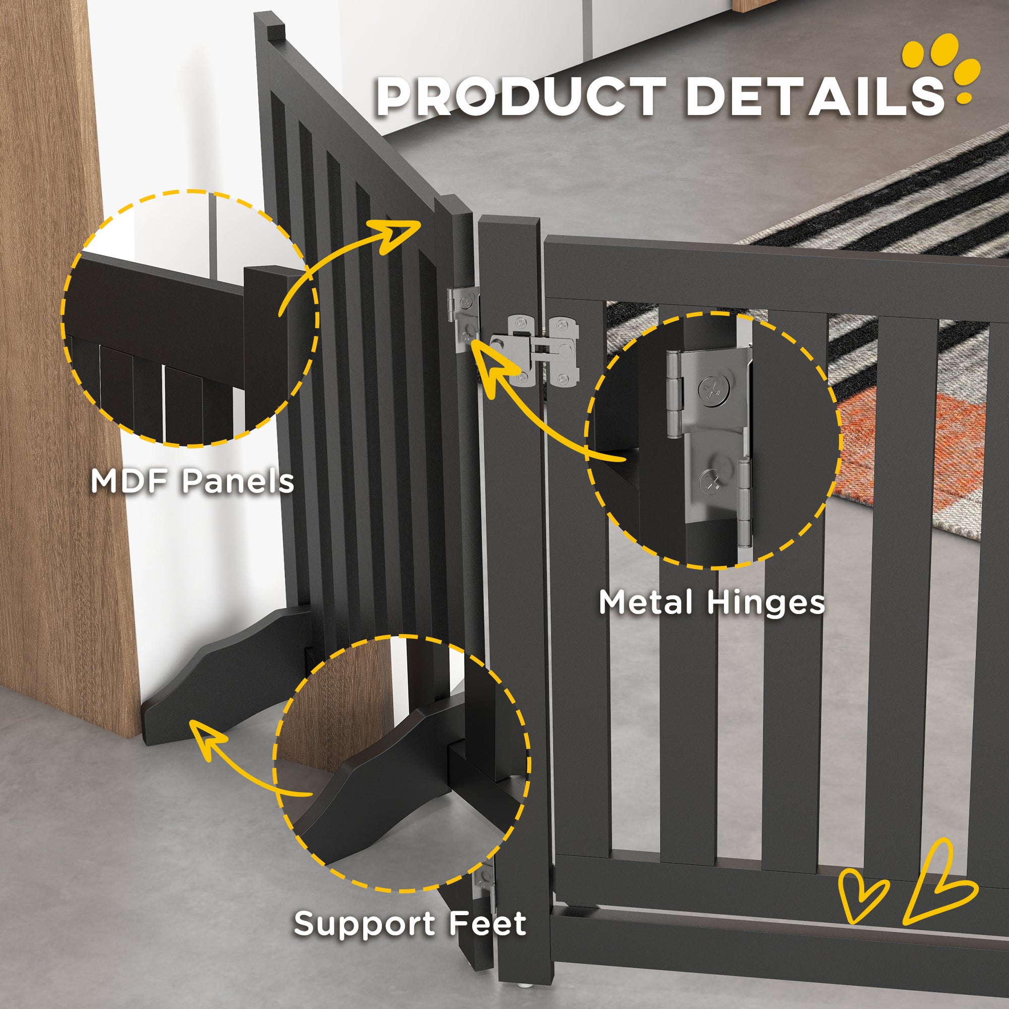 Foldable Dog Gate with Door, 4 Panels Fressstanding Pet Gate, Black