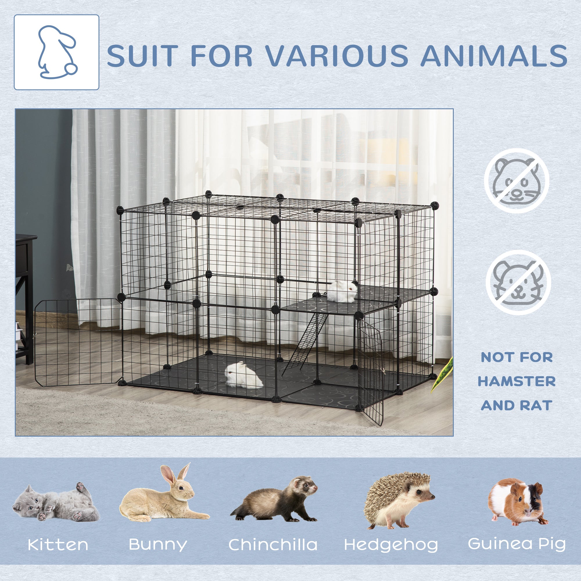 Cage pour petits animaux, 39 pièces, clapier à lapin portable en fil métallique avec rampes, pour chaton et chinchilla, noir