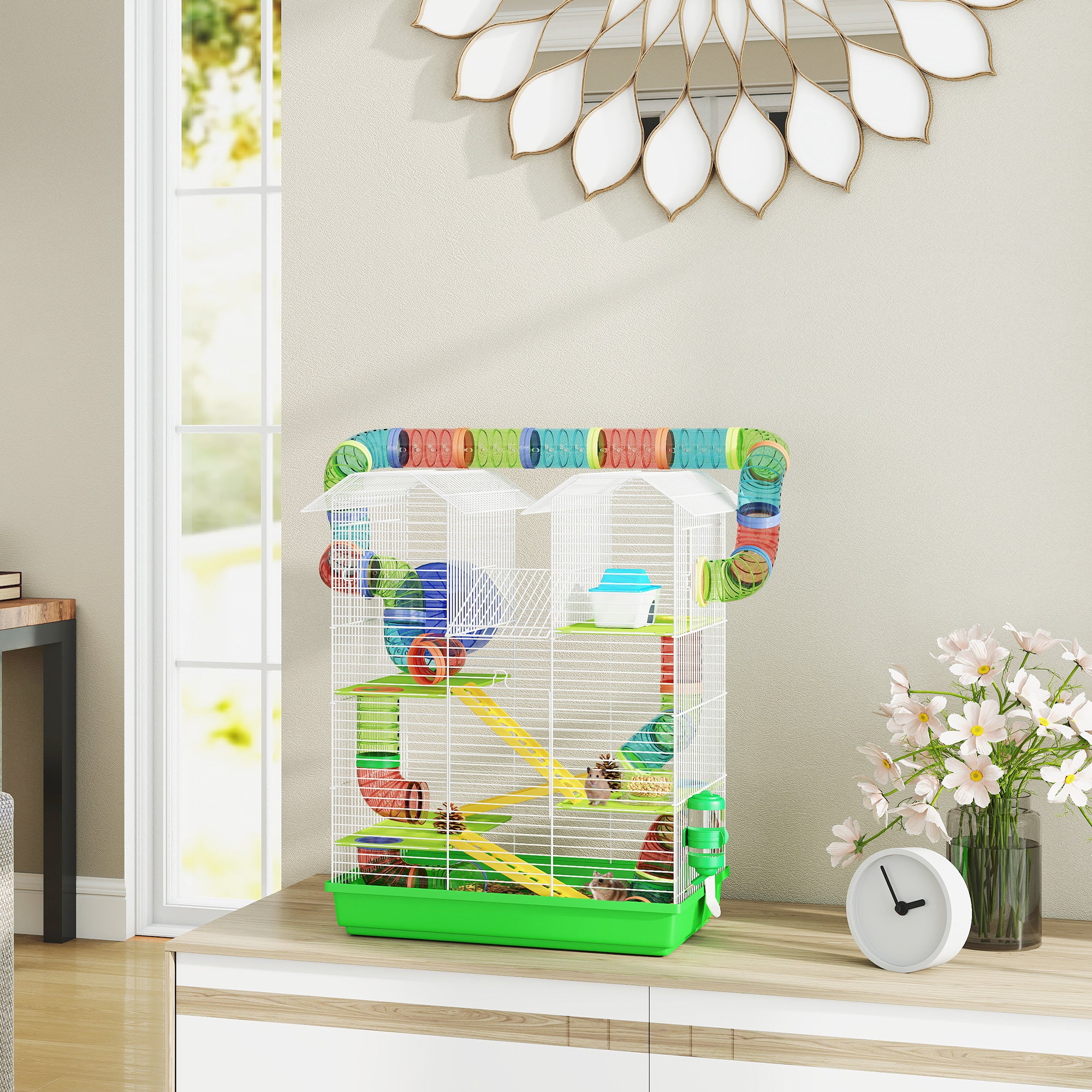 18.5" Hamster Cage, 5 Tiers Small Animal House with Tunnel Tube System, Exercise Wheel, Water Bottle, Green
