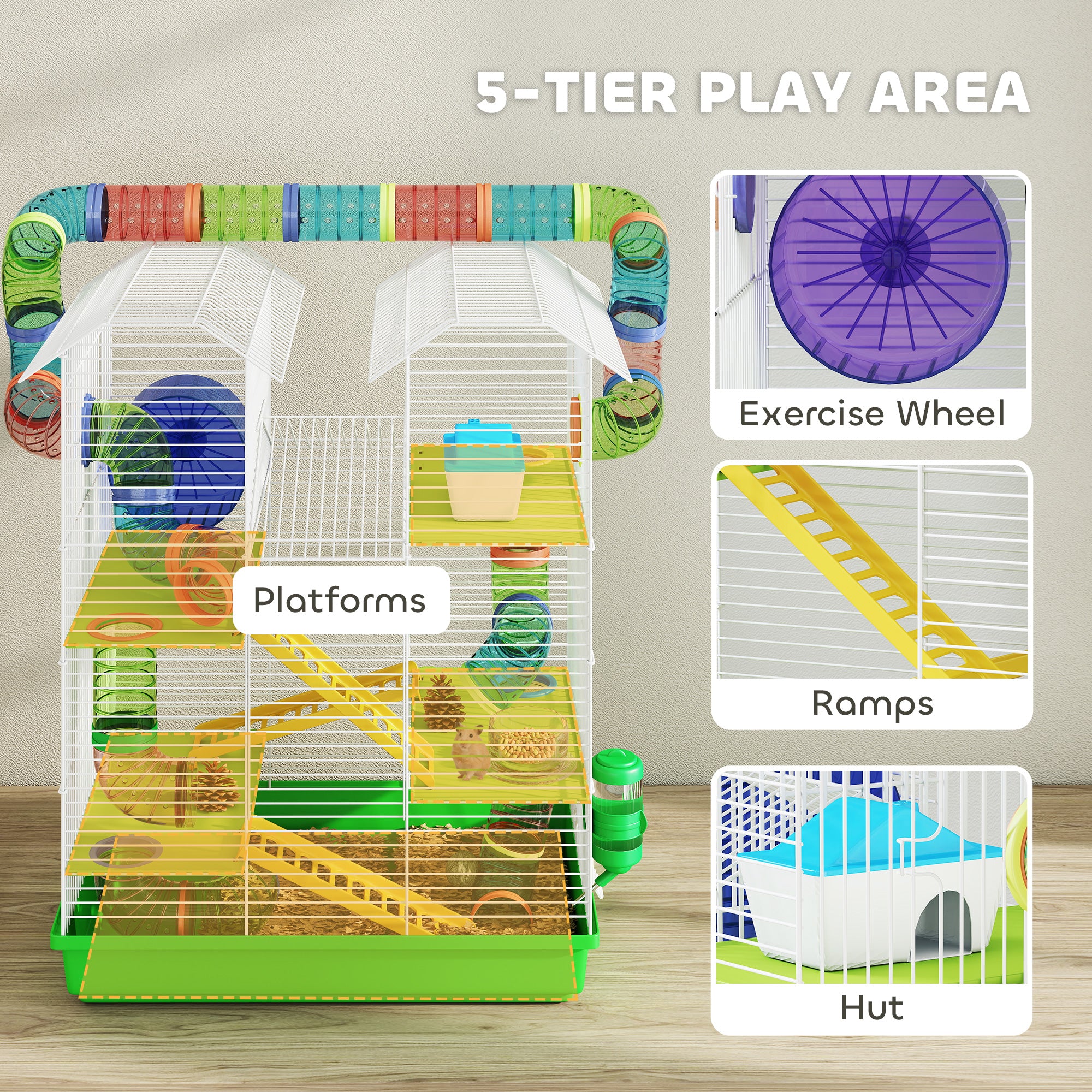18.5" Hamster Cage, 5 Tiers Small Animal House with Tunnel Tube System, Exercise Wheel, Water Bottle, Green