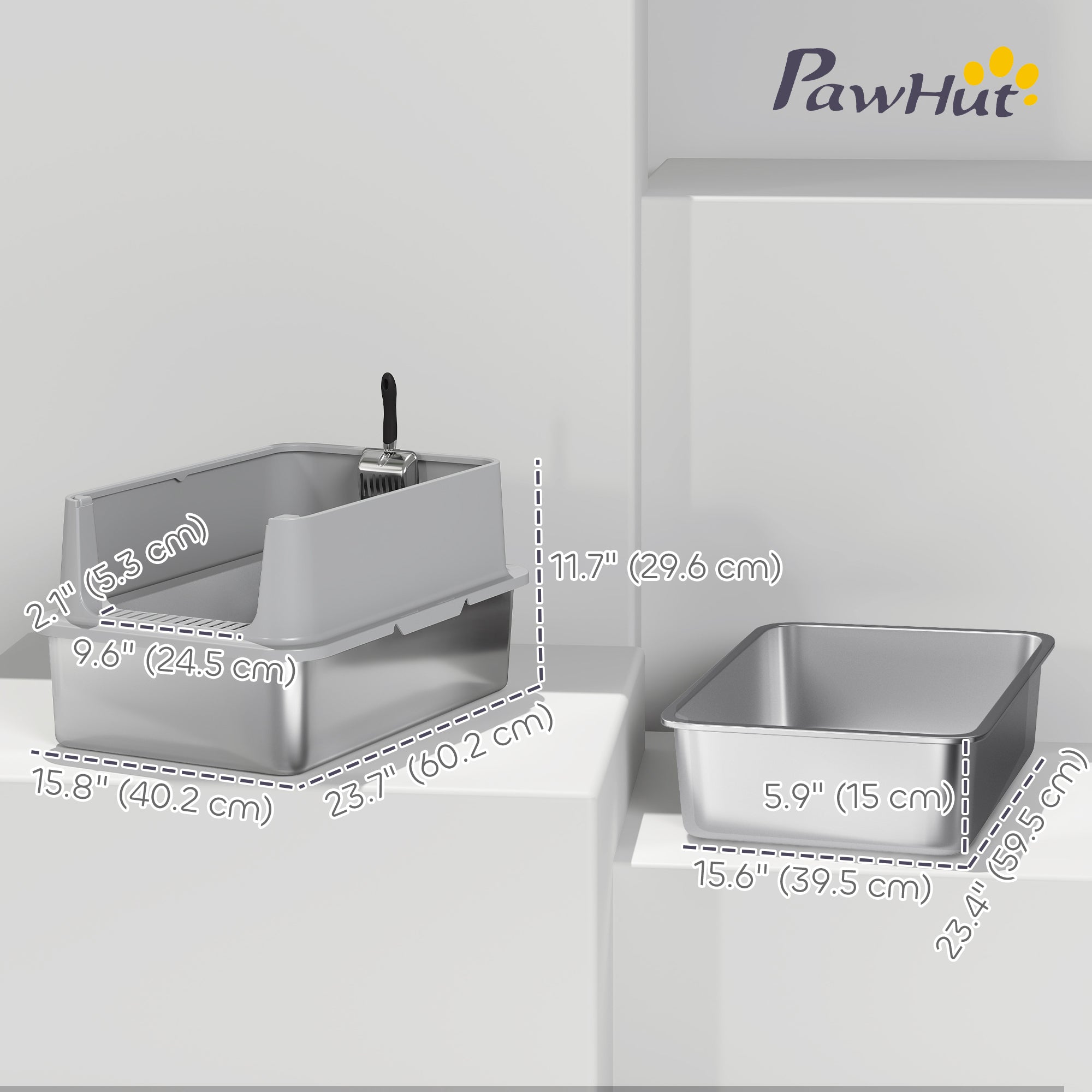 XL Stainless Steel Cat Litter Box for Big and Multiple Cats with High Wall Side, Scoop, Easy Cleaning & Odor Free