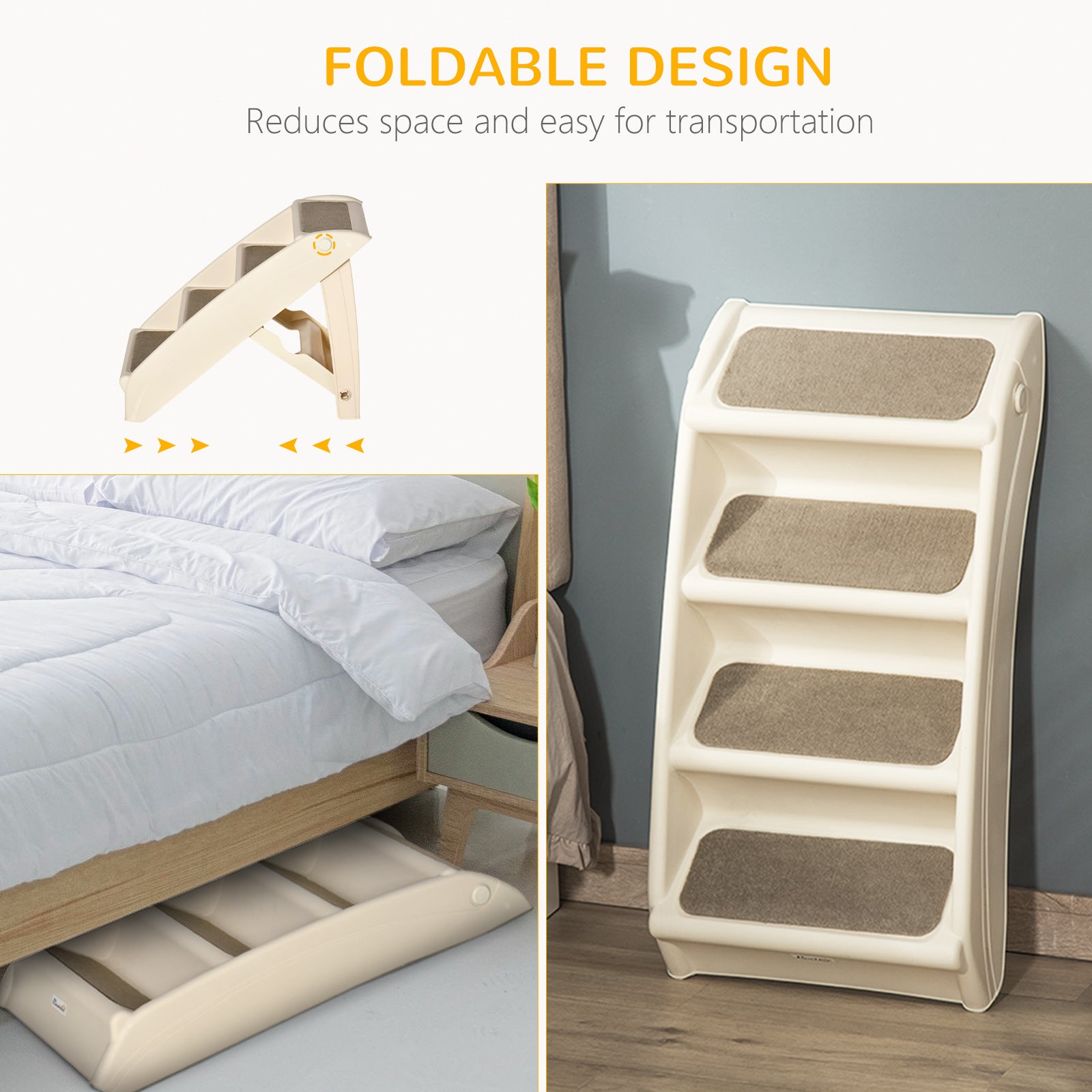 Escalier portable pour chiens à 4 niveaux, marches pliables pour petits chiens, marches légères pour chats, avec tapis doux antidérapants, pour lit haut et canapé, beige