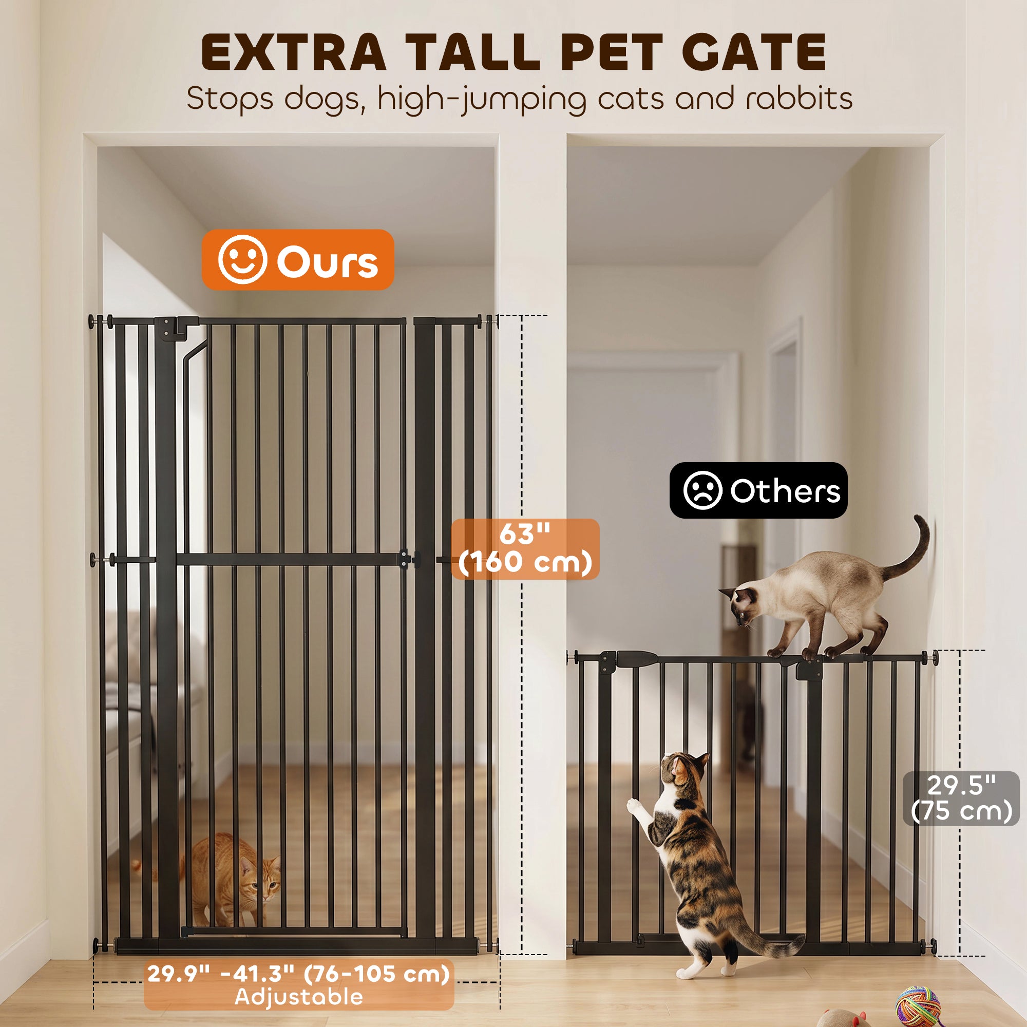 63" Extra Tall Pet Gate 30-41" Wide Adjustable Baby Gate Pressure Mounted for Doorways, Hallways, Stairs