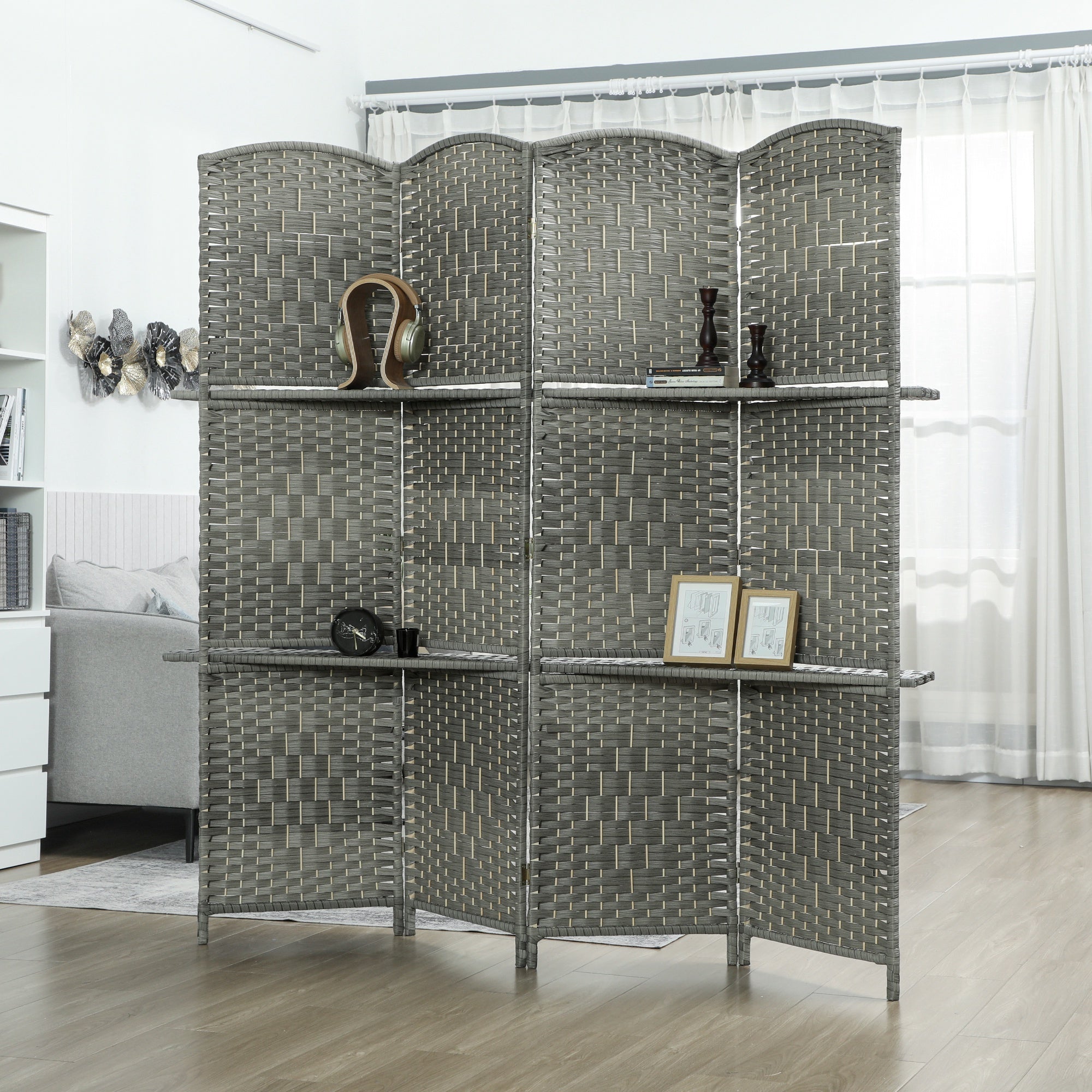 Écran d’intimité de 6 pieds, séparateur de pièce à 4 panneaux avec étagères pour salon, chambre ou bureau à domicile, gris