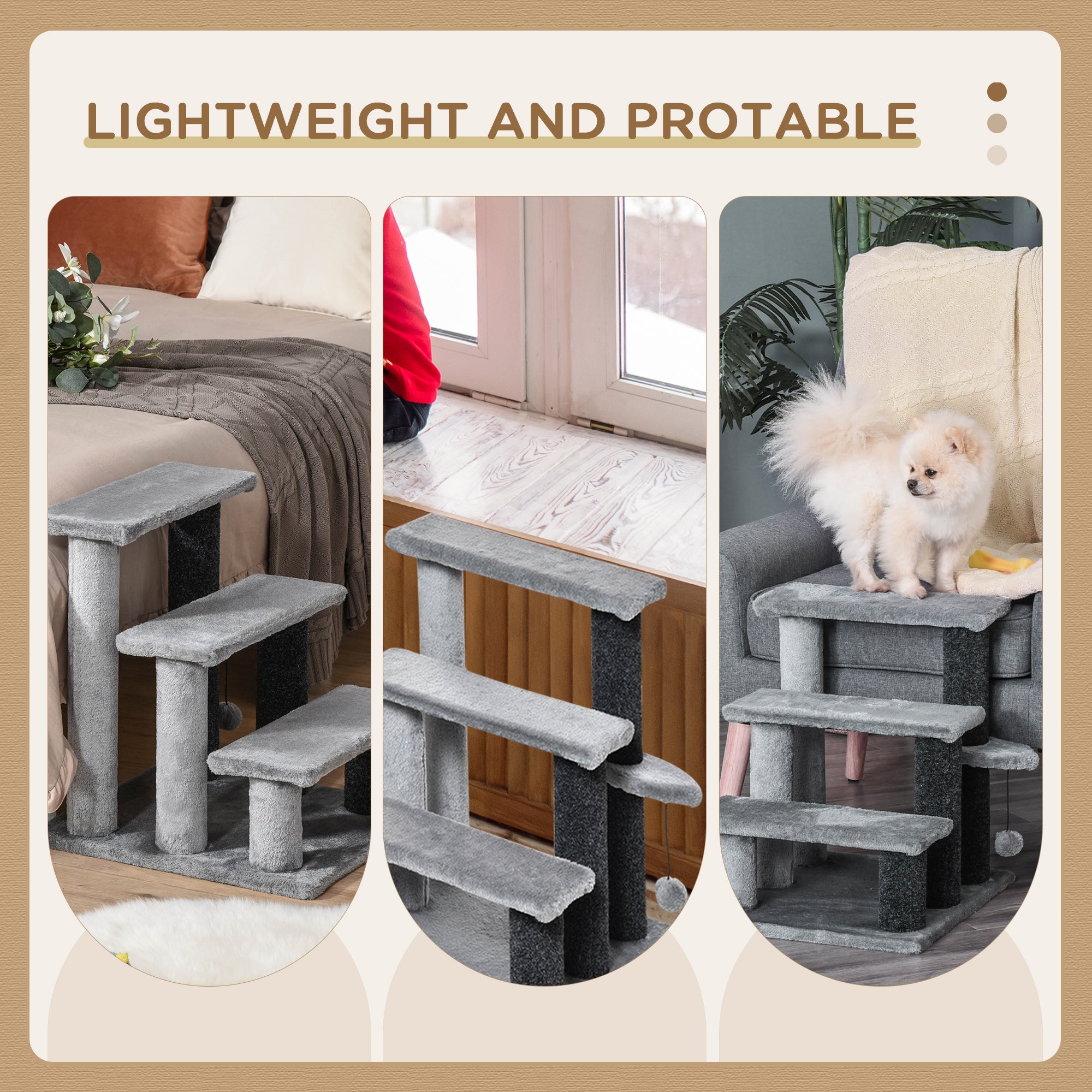 Cat Stairs for Bed, Couch 3 Steps, Small Cat Tree for Indoor Cats with Scratching Posts Toy Ball, 17.5" x 15.5" x 19"
