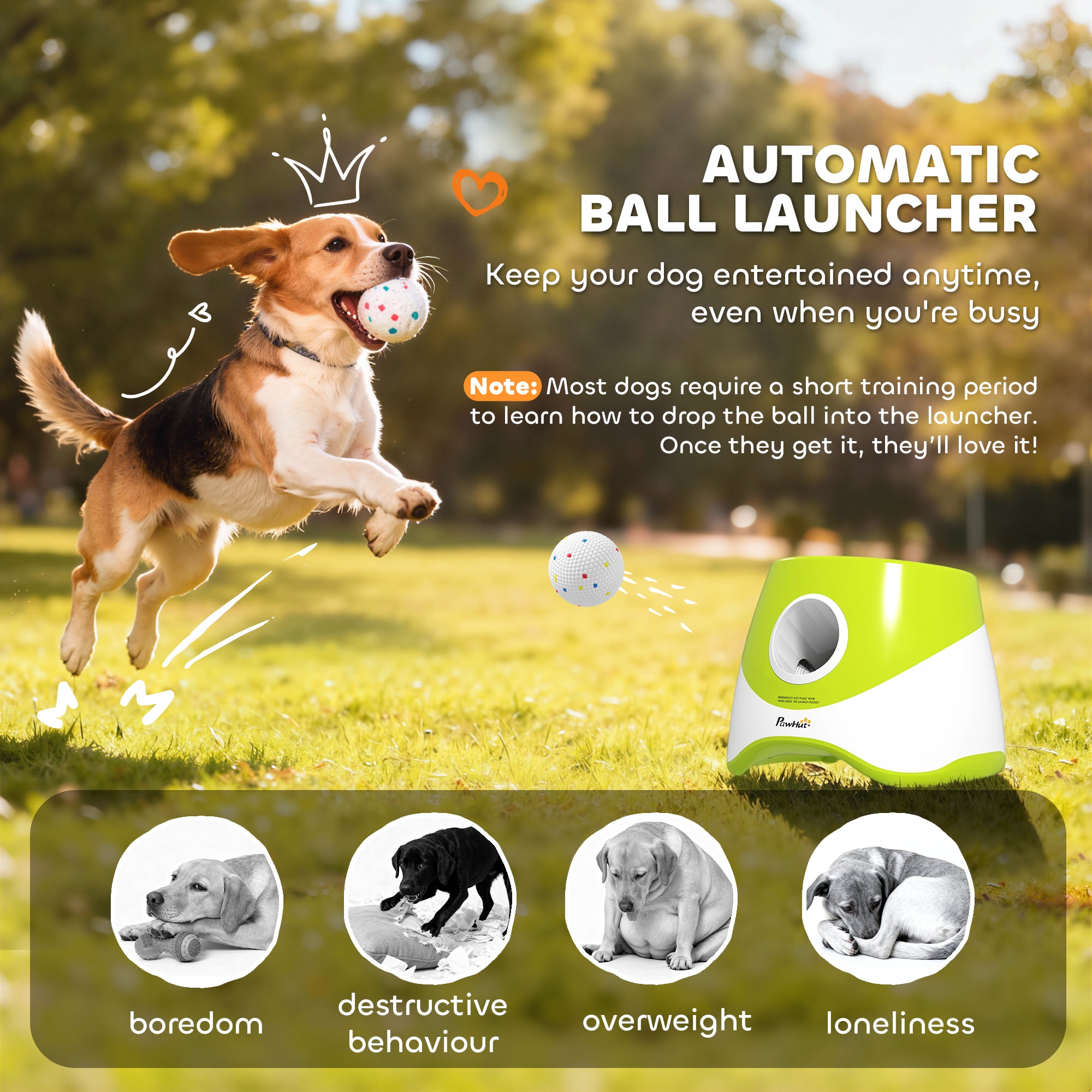 Automatic Dog Ball Launcher with 5 ETPU Balls 2.3", 3 Distance Settings 20ft, 33ft, 46ft, Green