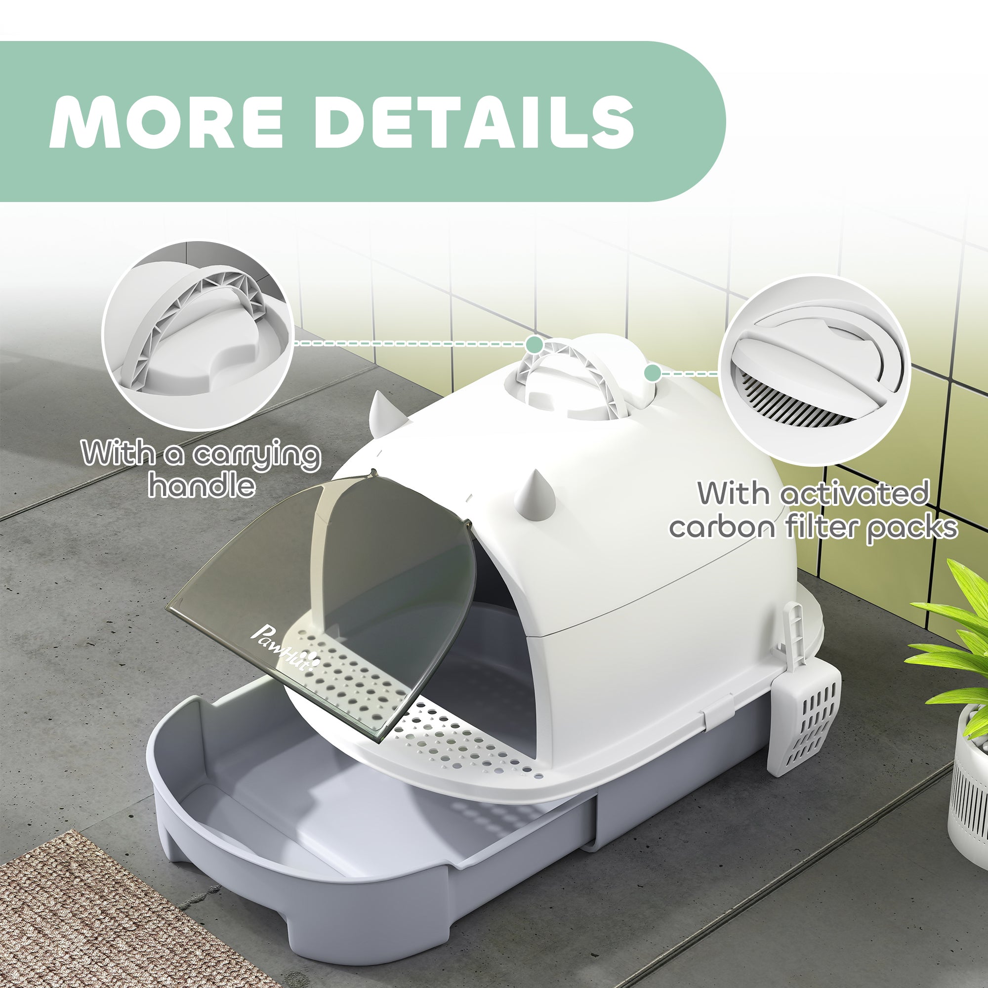 Cat Litter Box with Lid, Front Door Flap, Scoop, Handle, Easy Clean, for Small and Medium Cats, Grey