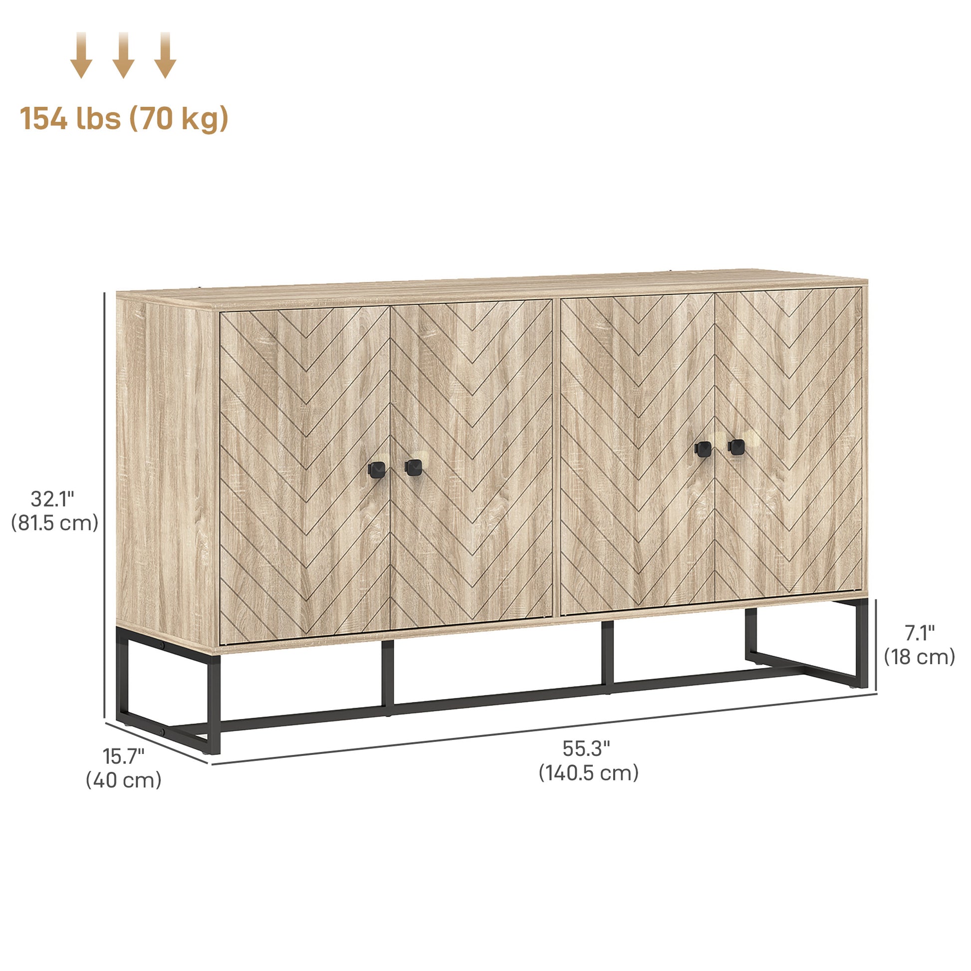 Oak Sideboard Buffet Cabinet with 2 Shelves & Steel Base, TV Stand, Coffee Bar-DECOROLALA