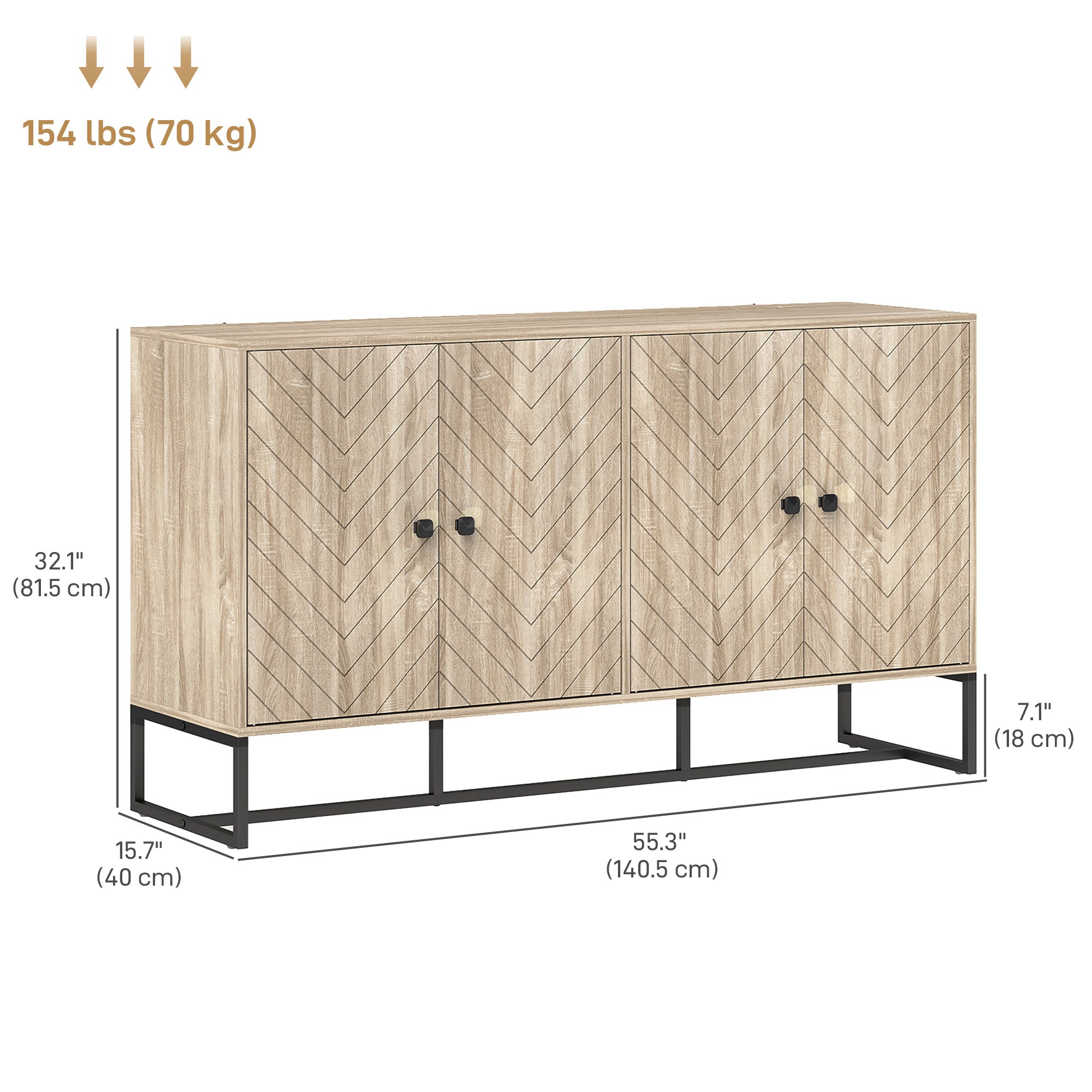 Oak Sideboard Buffet Cabinet with 2 Shelves & Steel Base, TV Stand, Coffee Bar-DECOROLALA