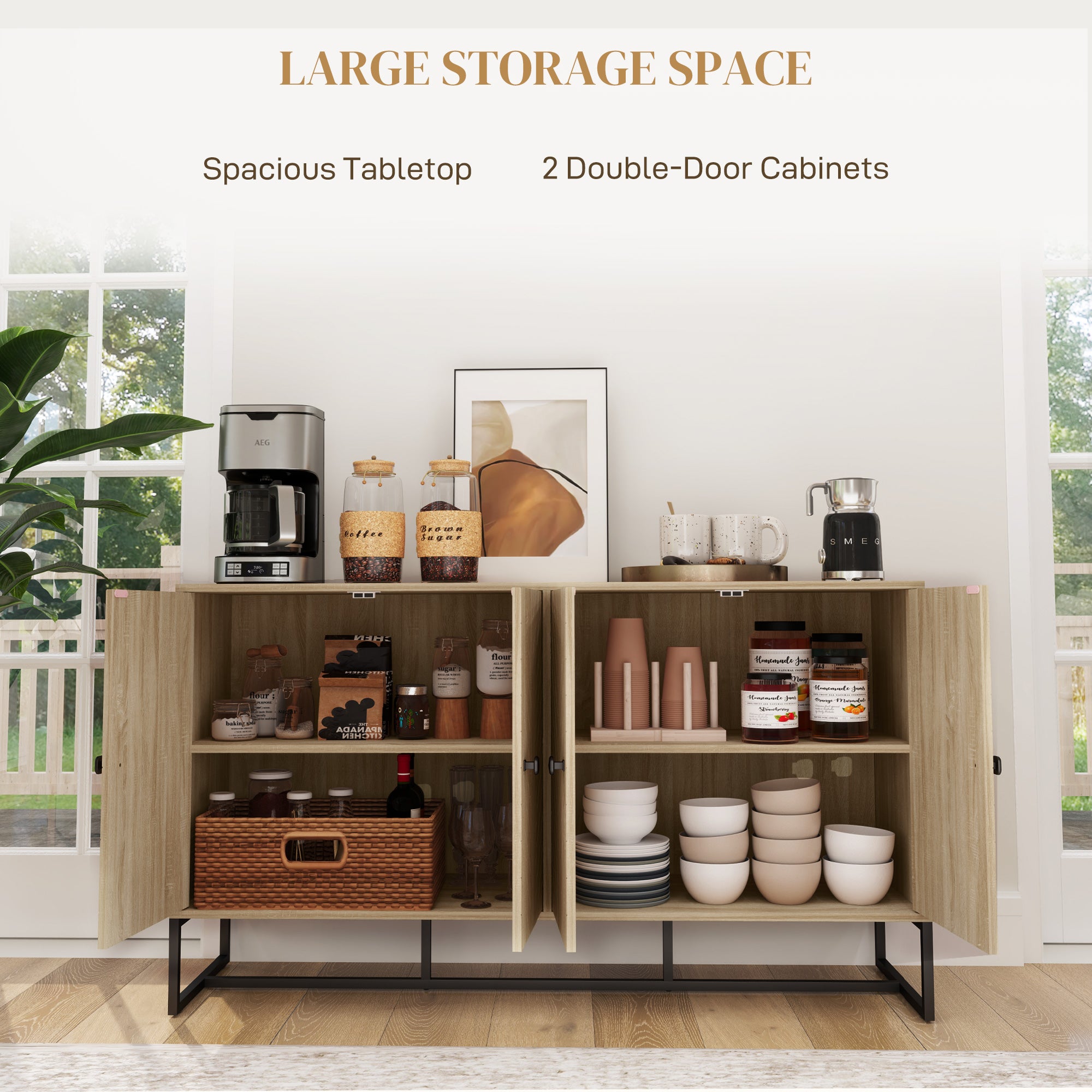 Oak Sideboard Buffet Cabinet with 2 Shelves & Steel Base, TV Stand, Coffee Bar-DECOROLALA