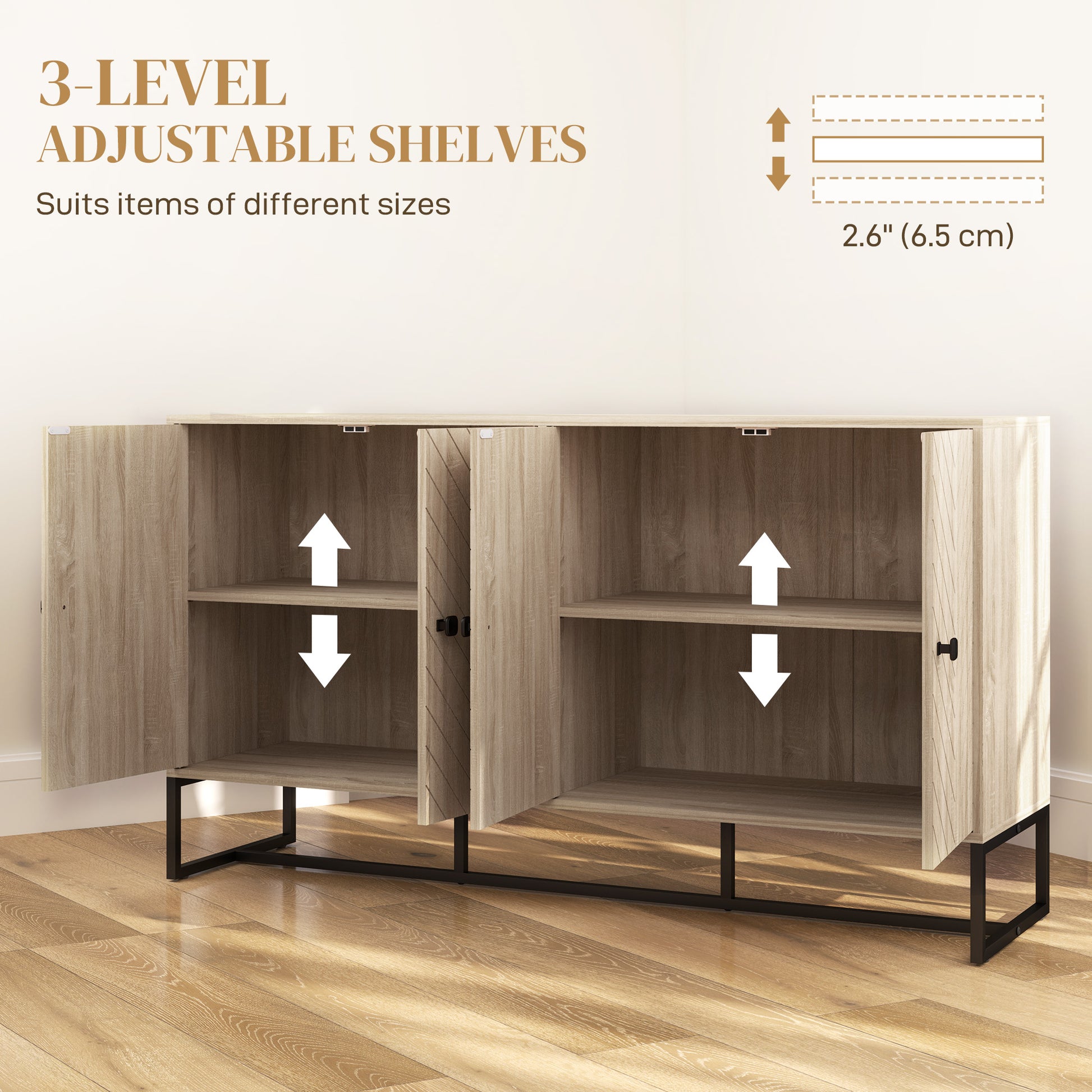 Oak Sideboard Buffet Cabinet with 2 Shelves & Steel Base, TV Stand, Coffee Bar-DECOROLALA