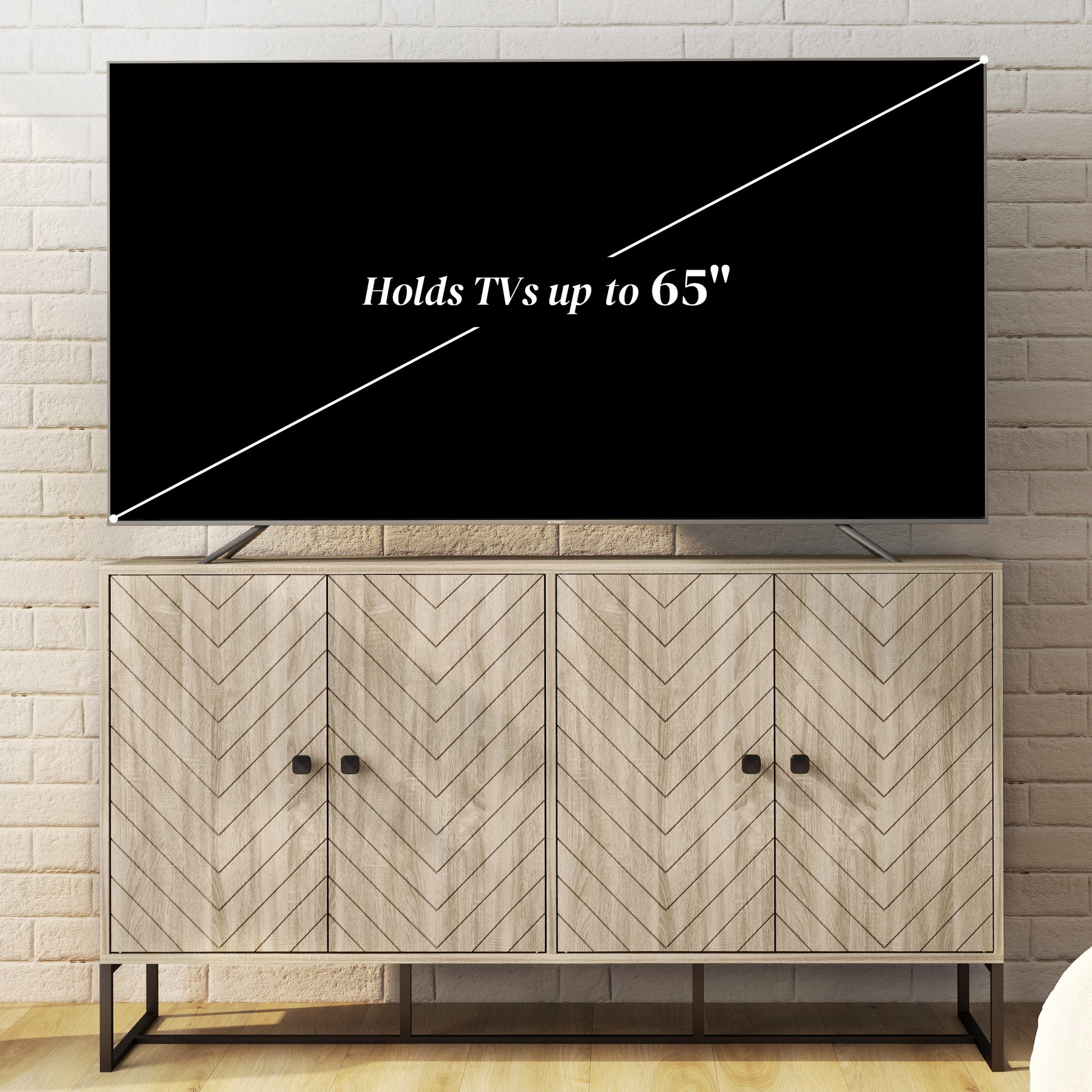 Oak Sideboard Buffet Cabinet with 2 Shelves & Steel Base, TV Stand, Coffee Bar-DECOROLALA