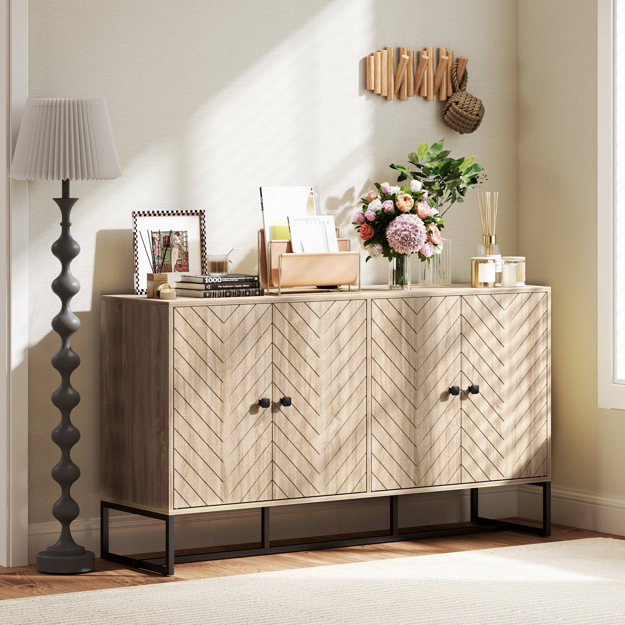 Oak Sideboard Buffet Cabinet with 2 Shelves & Steel Base, TV Stand, Coffee Bar-DECOROLALA