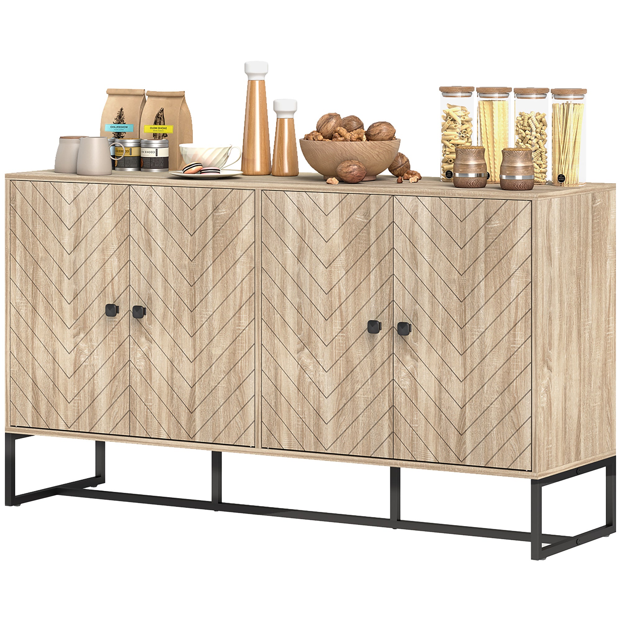 Oak Sideboard Buffet Cabinet with 2 Shelves & Steel Base, TV Stand, Coffee Bar-DECOROLALA
