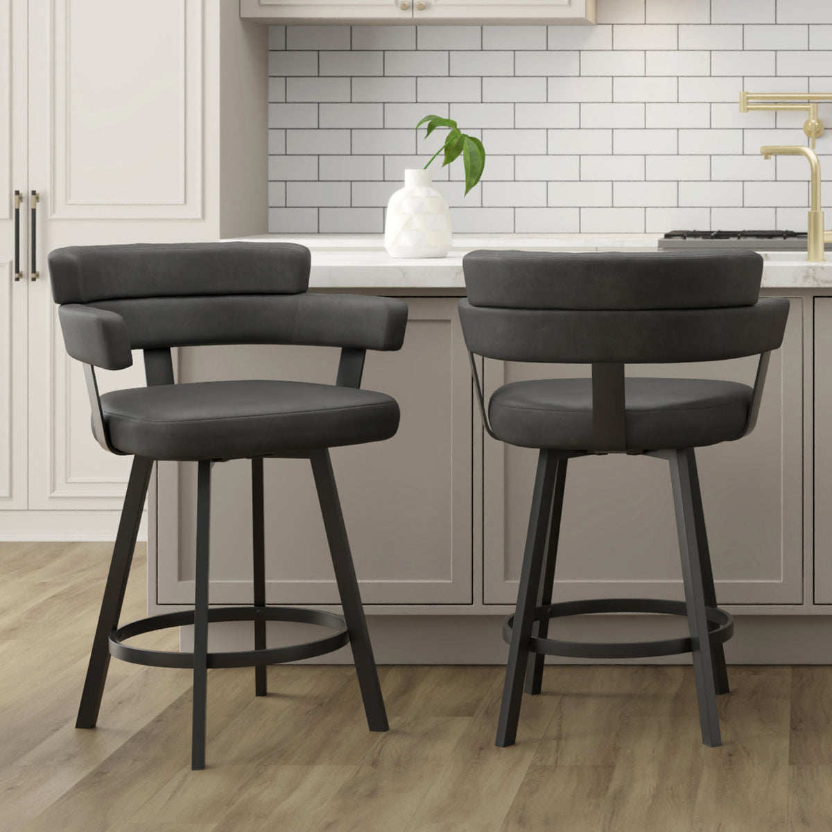Oberon Counter Stool - Charcoal Vintage Faux Leather Swivel-Counter Stools-DECOROLALA