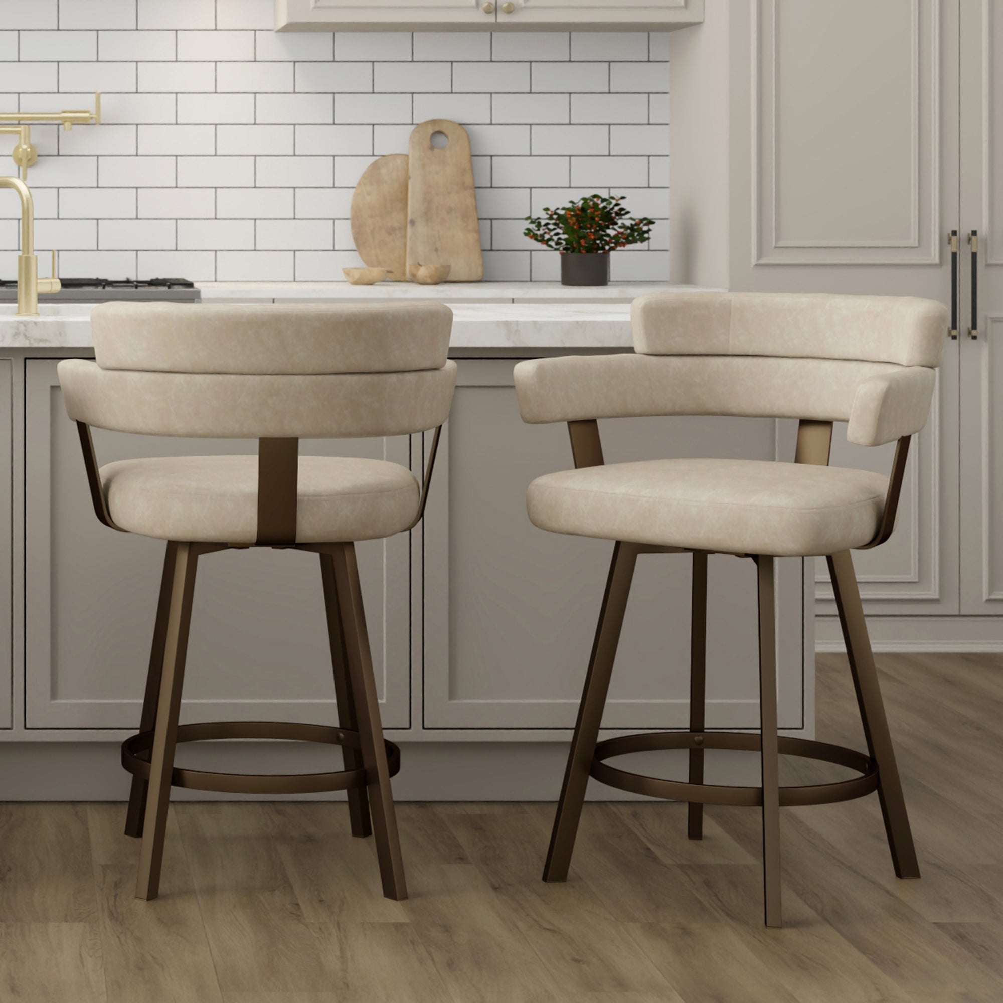 Oberon Counter Stool - Ivory Faux Leather Swivel Seat 26"-DECOROLALA