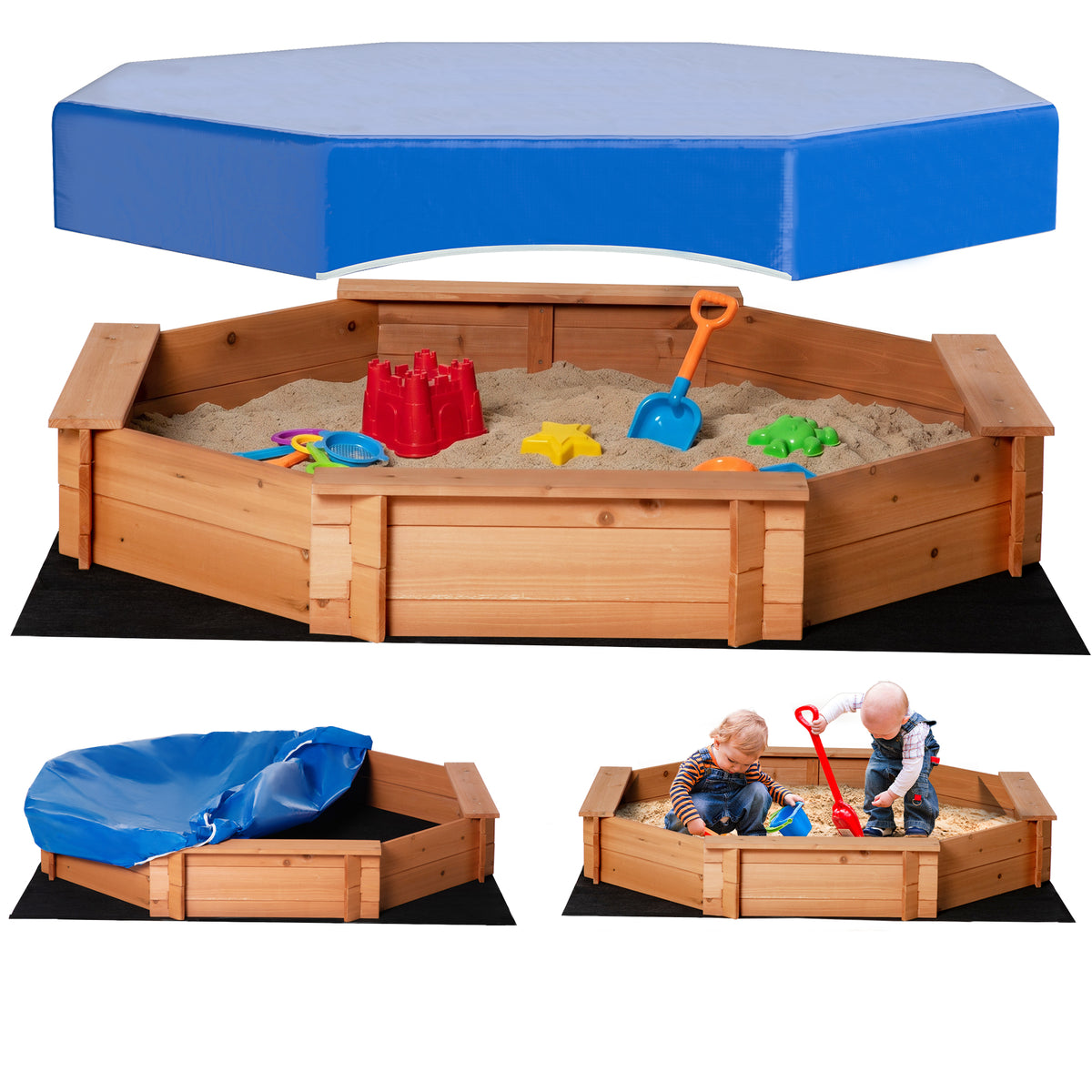 Kids Sandbox with Cover, Wooden Sand Box with Seat, Outdoor Children Sand Pit for Backyard, Garden for Ages 3-8, Natural-Sandboxes-DECOROLALA