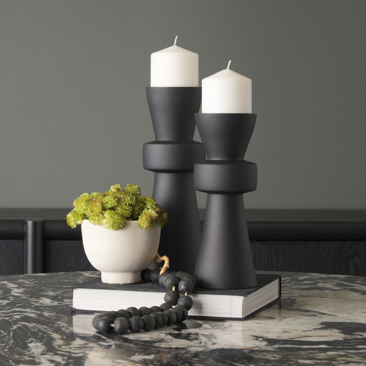 Odilia Large Smooth Matte Black Metal Geometric Pillar Candle Holder-Table Candle Holders-DECOROLALA