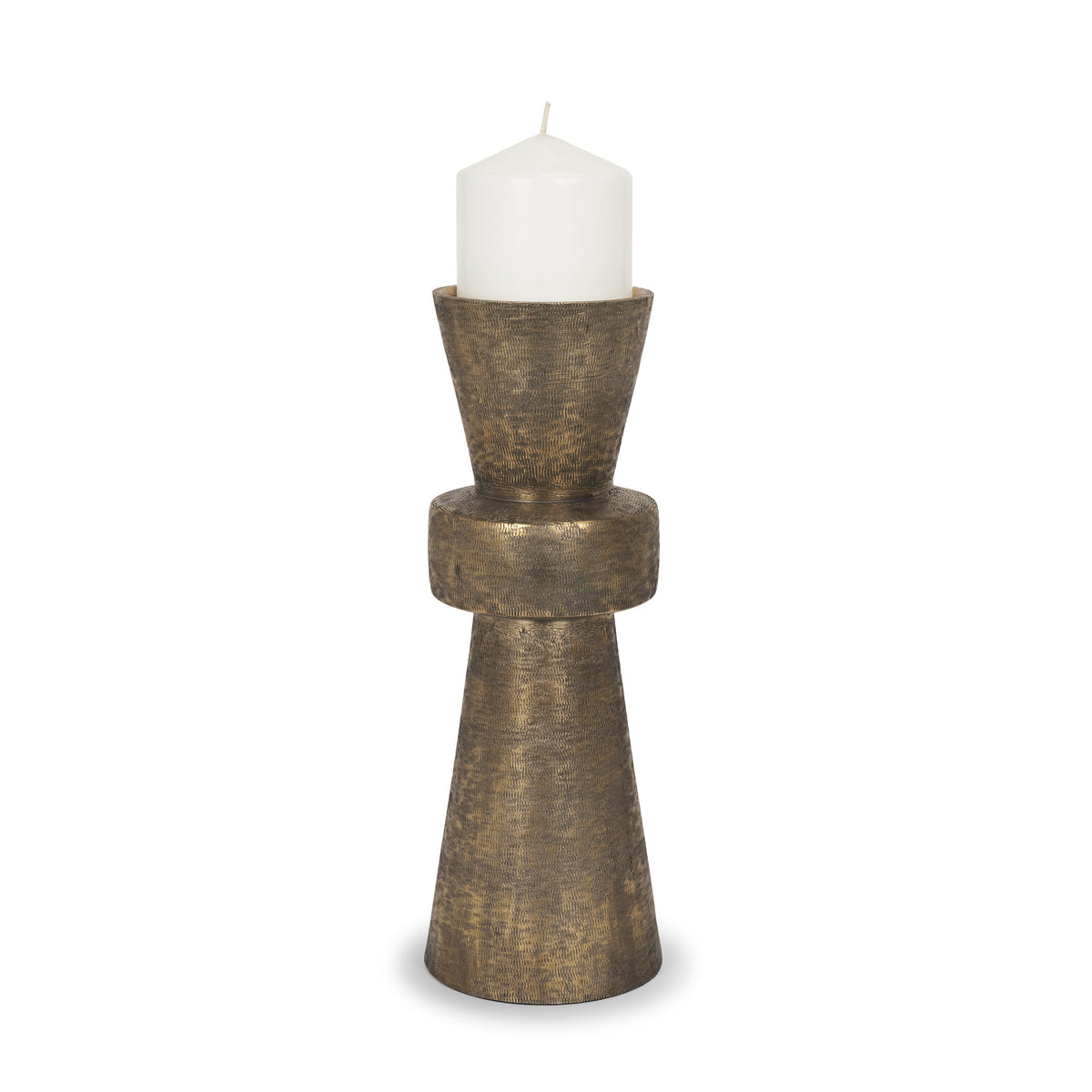 Odilia Large Textured Antiqued Gold Geometric Pillar Candle Holder-Candle Holders-DECOROLALA
