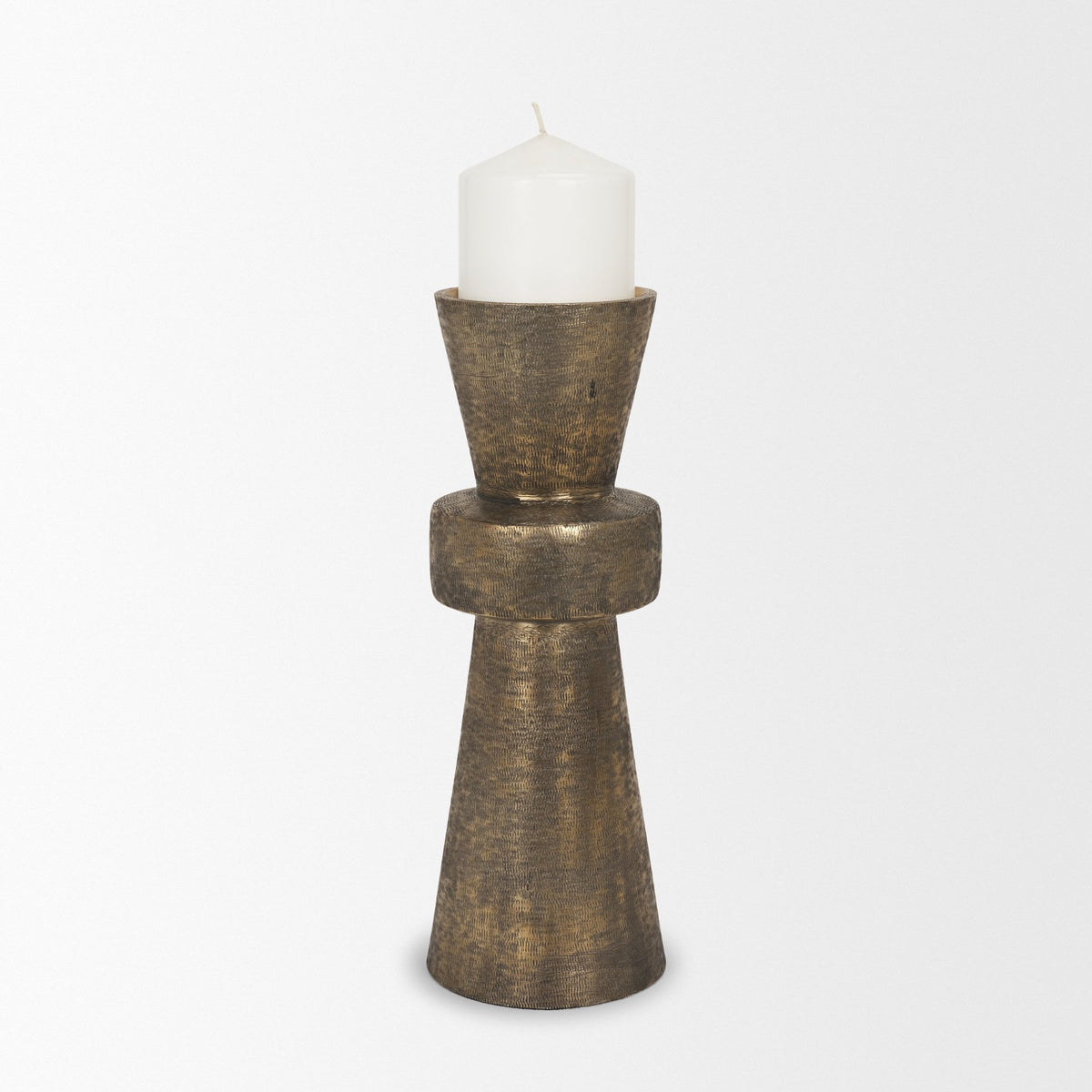 Odilia Large Textured Antiqued Gold Metal Geometric Pillar Candle Holder-Table Candle Holders-DECOROLALA