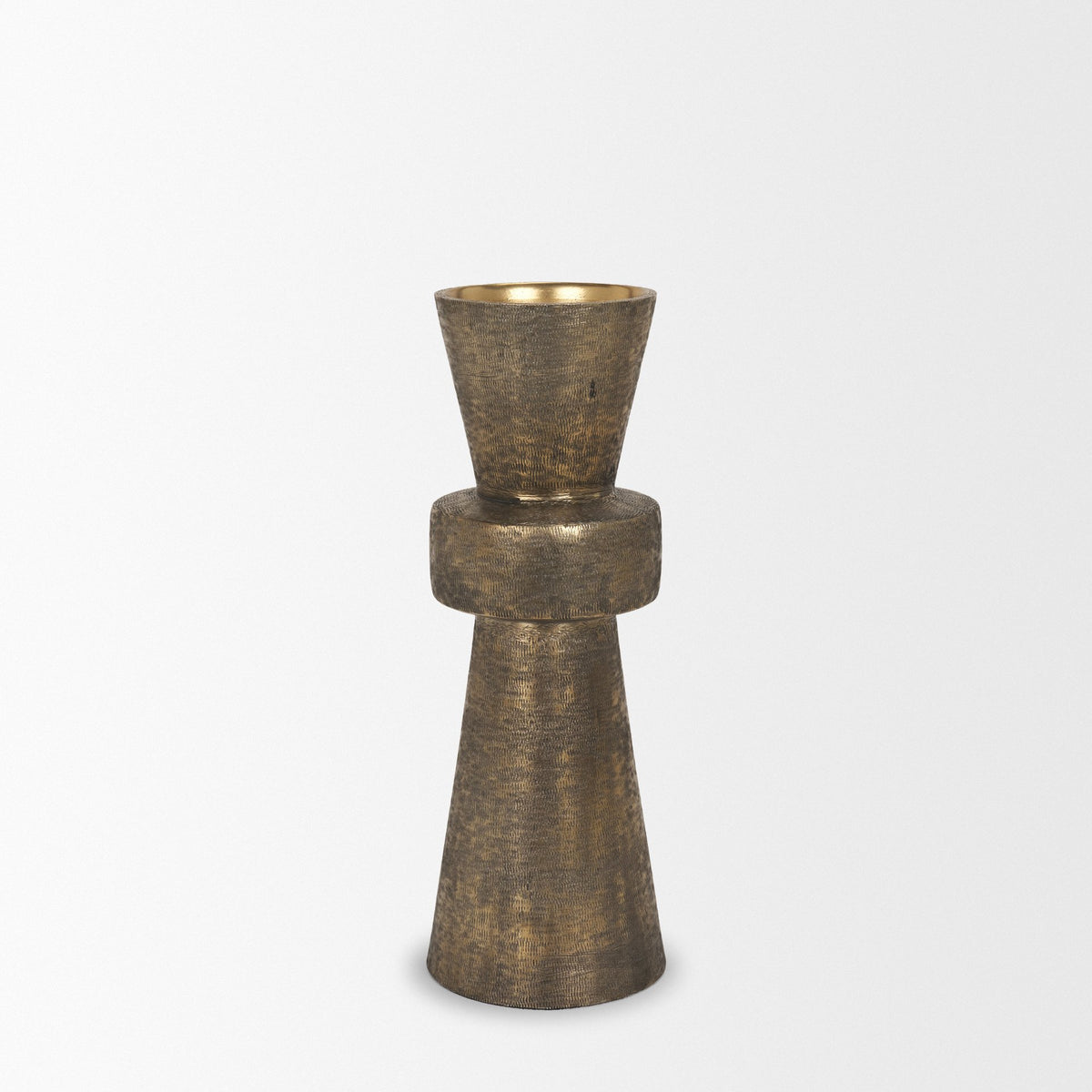 Odilia Large Textured Antiqued Gold Metal Geometric Pillar Candle Holder-Table Candle Holders-DECOROLALA