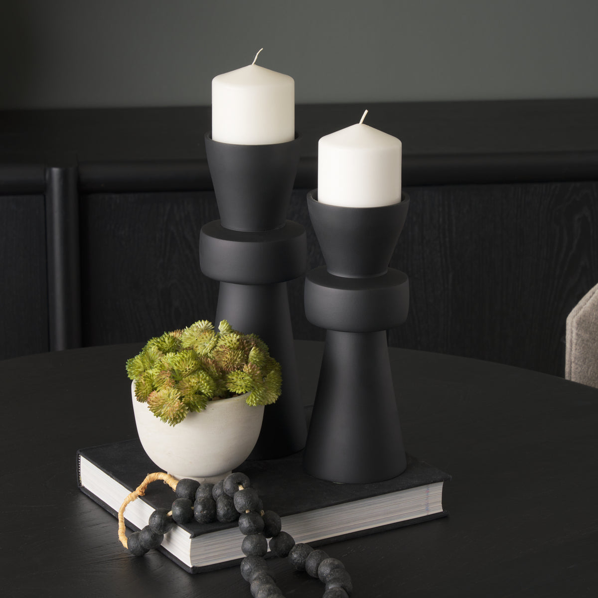 Odilia Small Smooth Matte Black Metal Geometric Pillar Candle Holder-Table Candle Holders-DECOROLALA