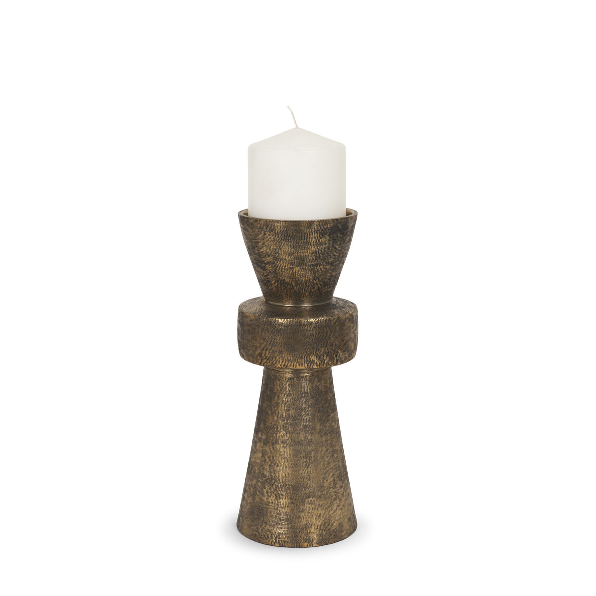 Odilia Small Textured Antiqued Gold Metal Geometric Pillar Candle Holder-Table Candle Holders-DECOROLALA